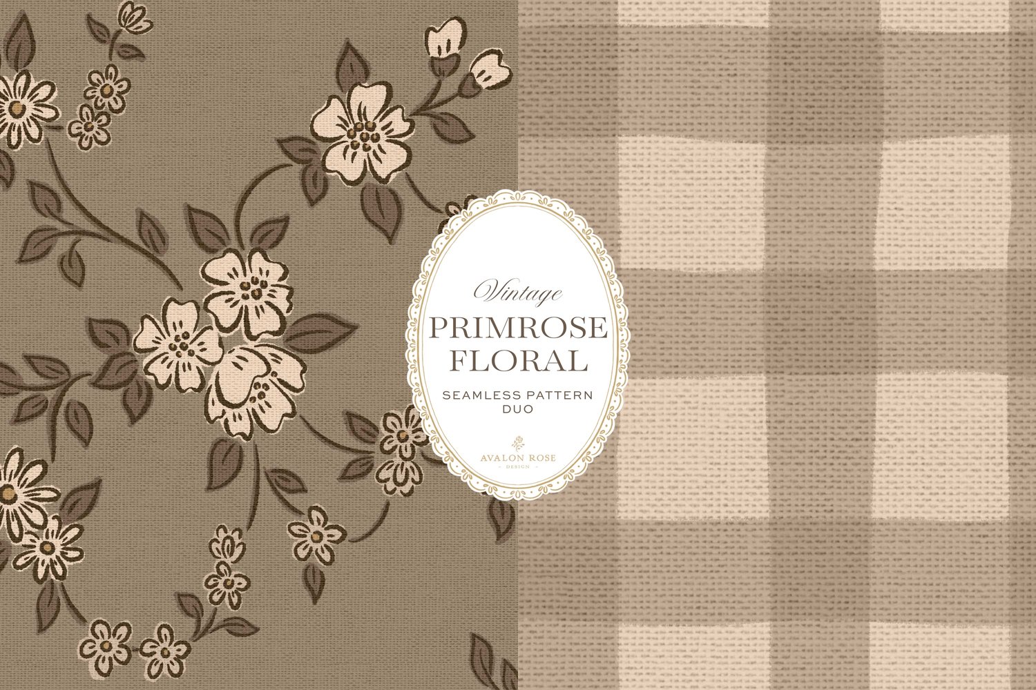 Primrose Floral seamless surface pattern duo features a hand-drawn ditsy floral with delicate blossoms and trailing vines, paired with a coordinating gingham check in beige