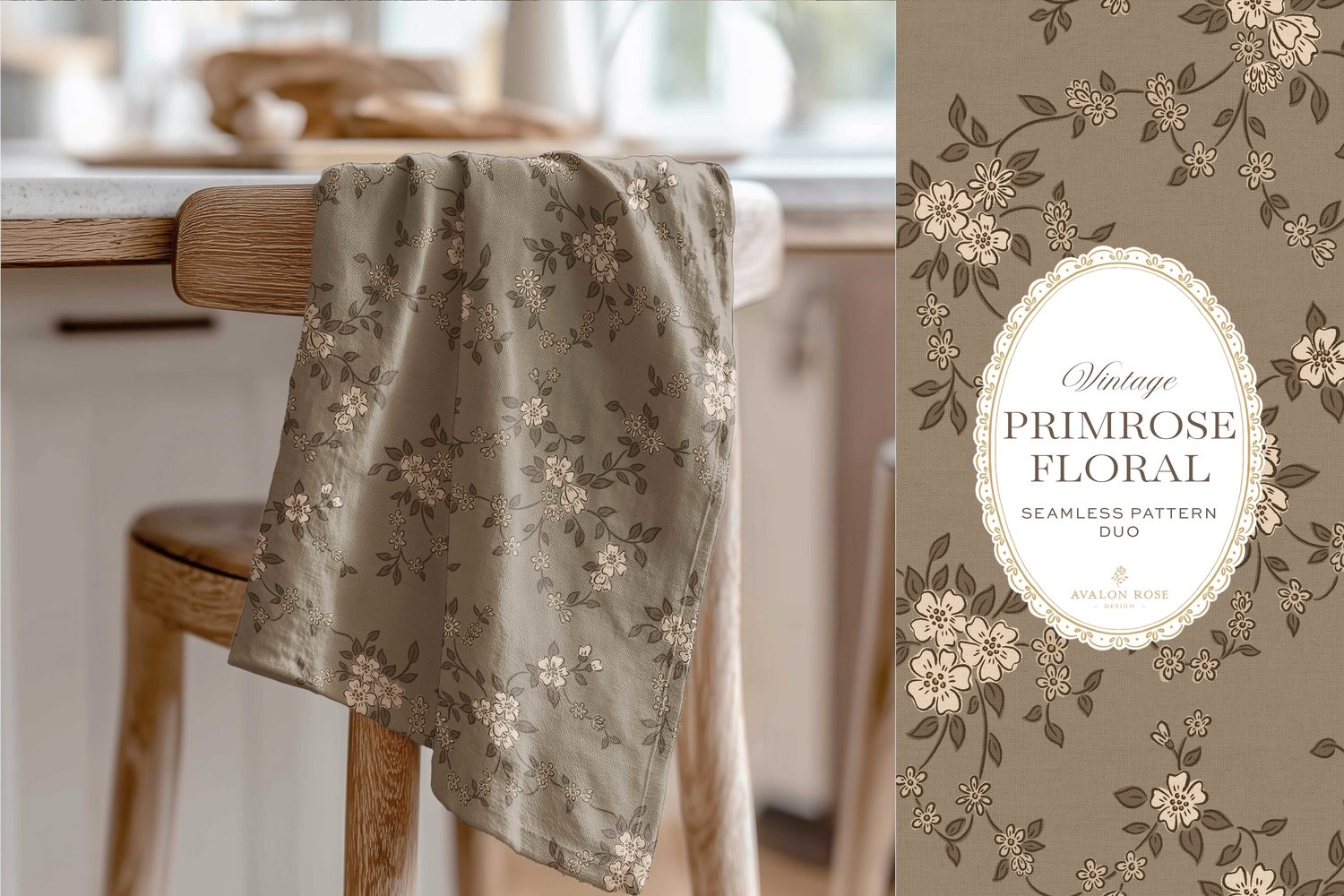 Primrose Floral seamless surface pattern duo features a hand-drawn ditsy floral with delicate blossoms and trailing vines, paired with a coordinating gingham check in beige on a tea towel