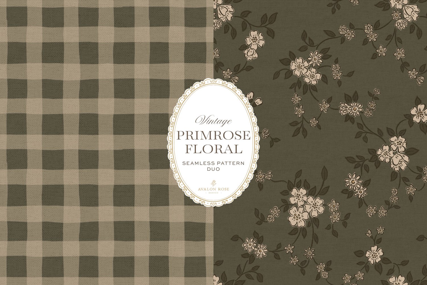 Primrose Floral seamless surface pattern duo features a hand-drawn ditsy floral with delicate blossoms and trailing vines, paired with a coordinating gingham check in olive green