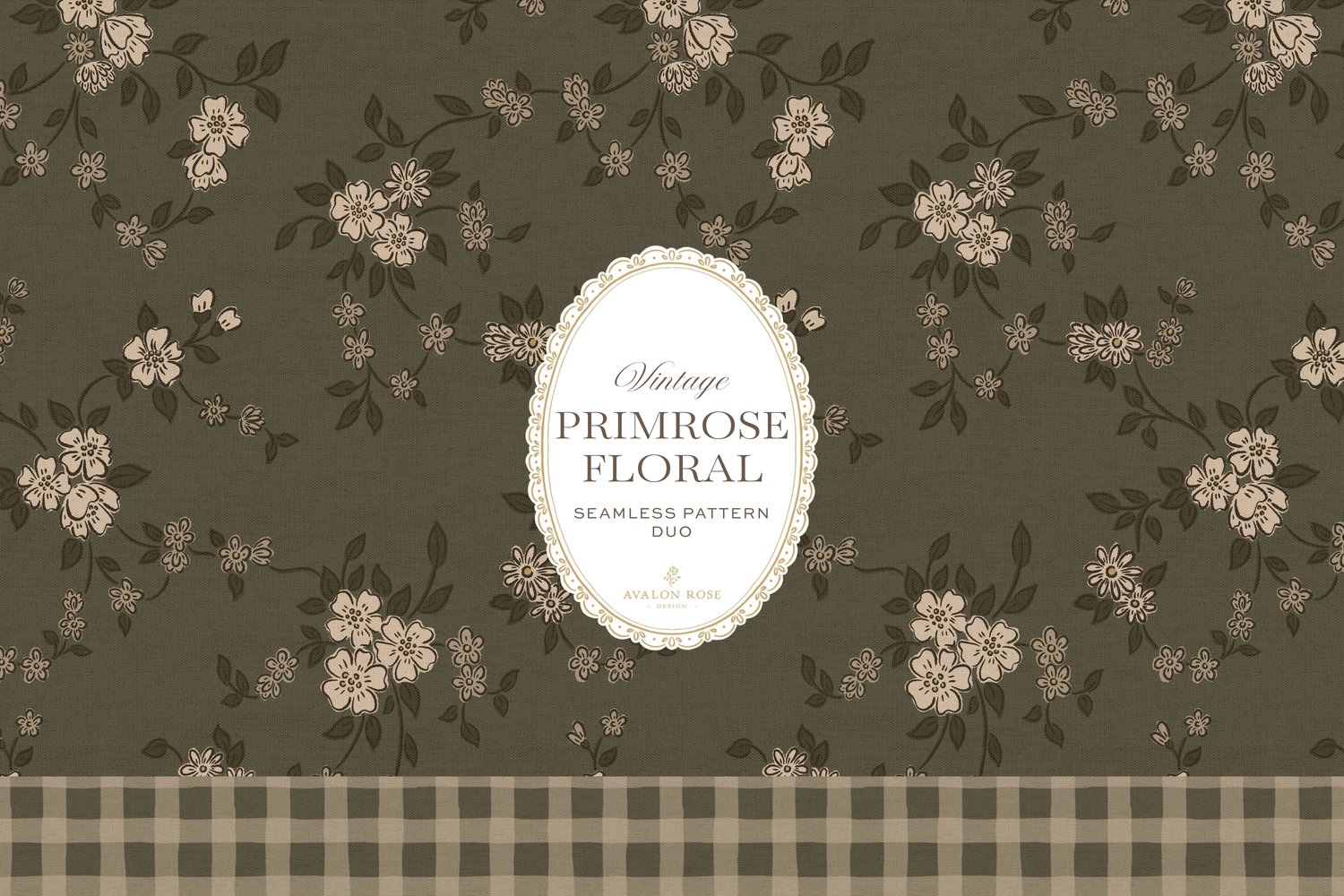 Primrose Floral seamless surface pattern duo features a hand-drawn ditsy floral with delicate blossoms and trailing vines, paired with a coordinating gingham check in olive green