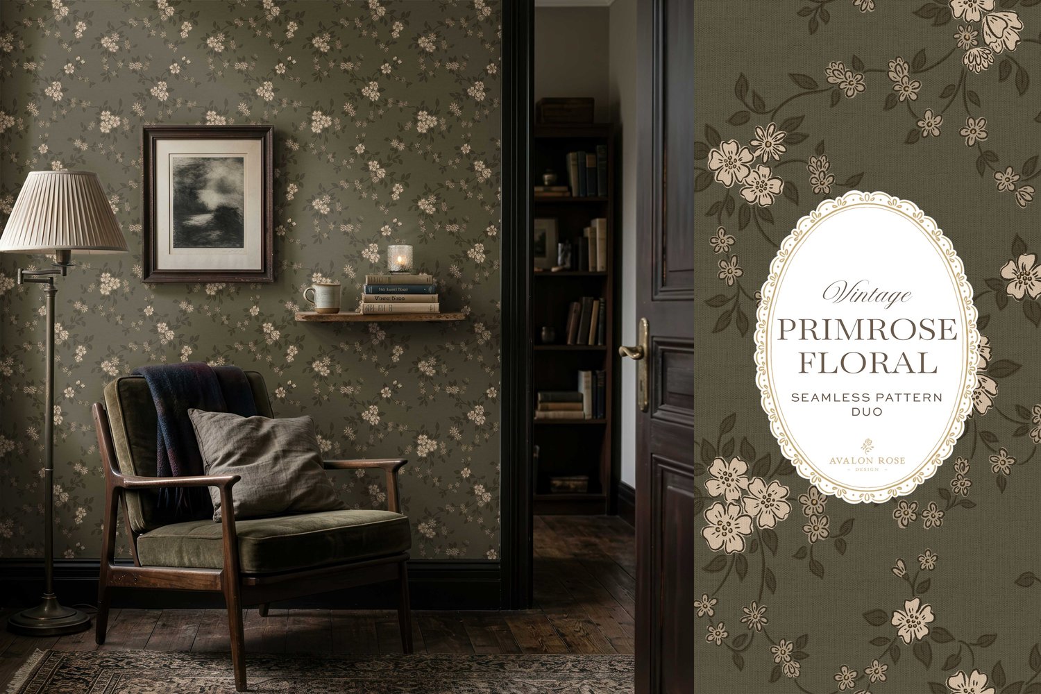 Primrose Floral seamless surface pattern duo features a hand-drawn ditsy floral with delicate blossoms and trailing vines, paired with a coordinating gingham check in olive green on wallpaper
