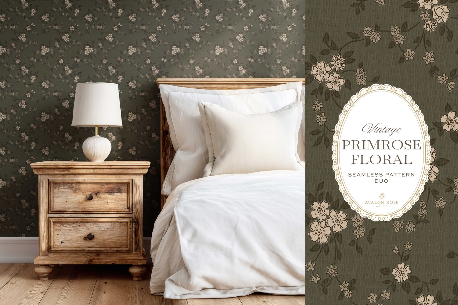 Primrose Floral seamless surface pattern duo features a hand-drawn ditsy floral with delicate blossoms and trailing vines, paired with a coordinating gingham check in olive green on wallpaper