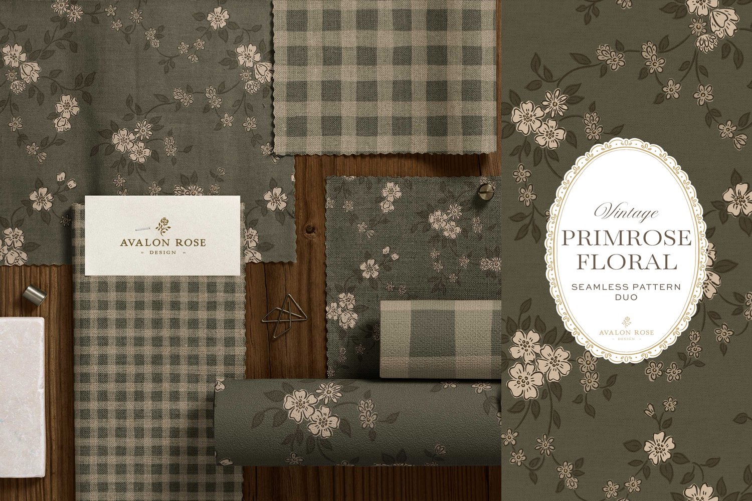 Primrose Floral seamless surface pattern duo features a hand-drawn ditsy floral with delicate blossoms and trailing vines, paired with a coordinating gingham check in olive green on fabric and wallpaper swatches