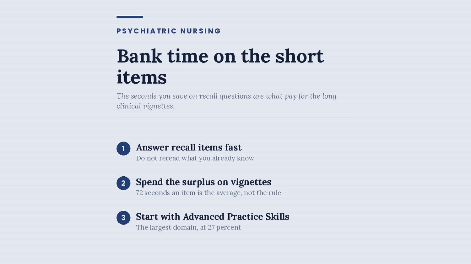Three steps for PMHNP-BC pacing: answer recall items fast, spend the surplus on vignettes, start with Advanced Practice Skills