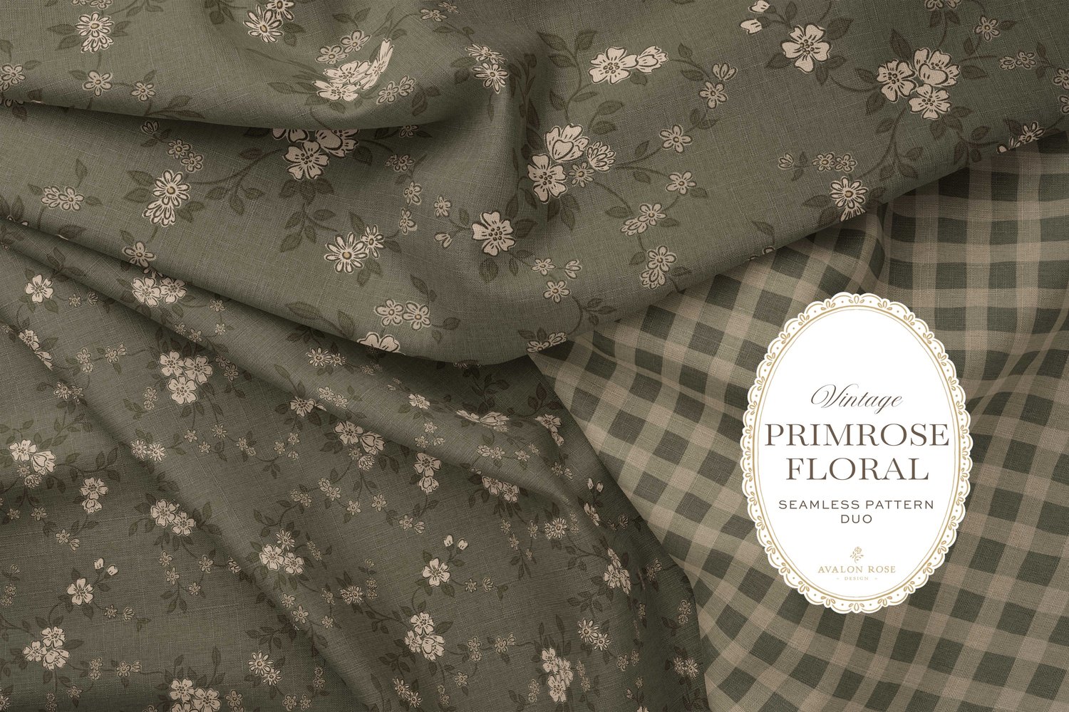 Primrose Floral seamless surface pattern duo features a hand-drawn ditsy floral with delicate blossoms and trailing vines, paired with a coordinating gingham check in olive green on folded fabrics