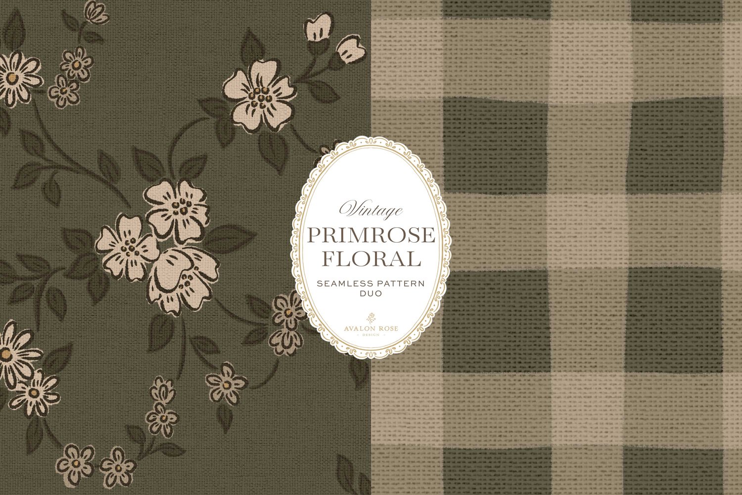 Primrose Floral seamless surface pattern duo features a hand-drawn ditsy floral with delicate blossoms and trailing vines, paired with a coordinating gingham check in olive green