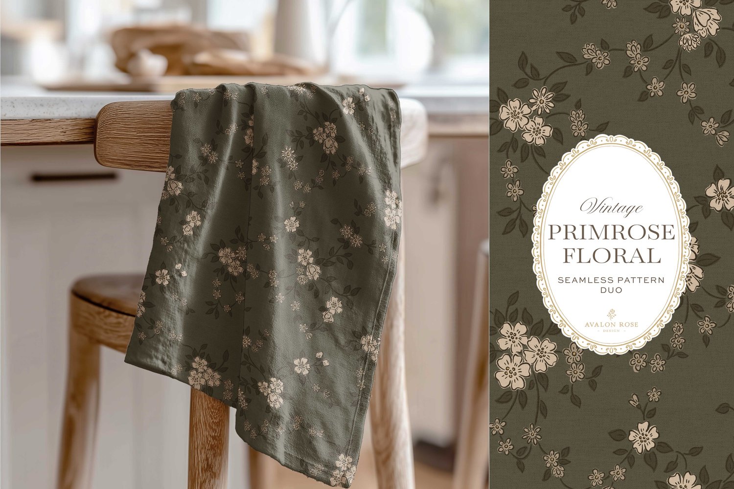 Primrose Floral seamless surface pattern duo features a hand-drawn ditsy floral with delicate blossoms and trailing vines, paired with a coordinating gingham check in olive green on a tea towel