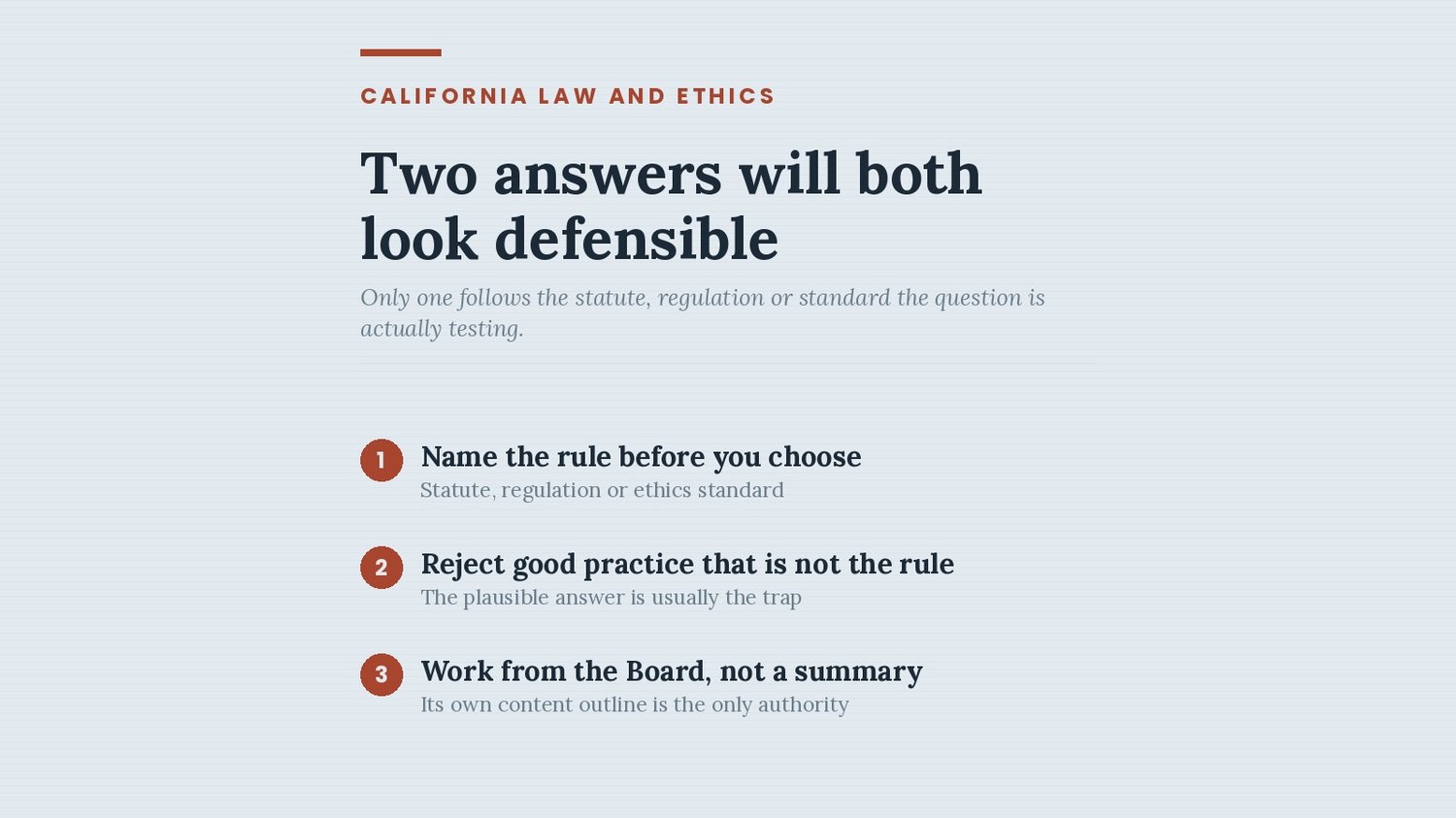 Three steps for CPLEE questions: name the rule before you choose, reject good practice that is not the rule, work from the Board outline rather than a summary