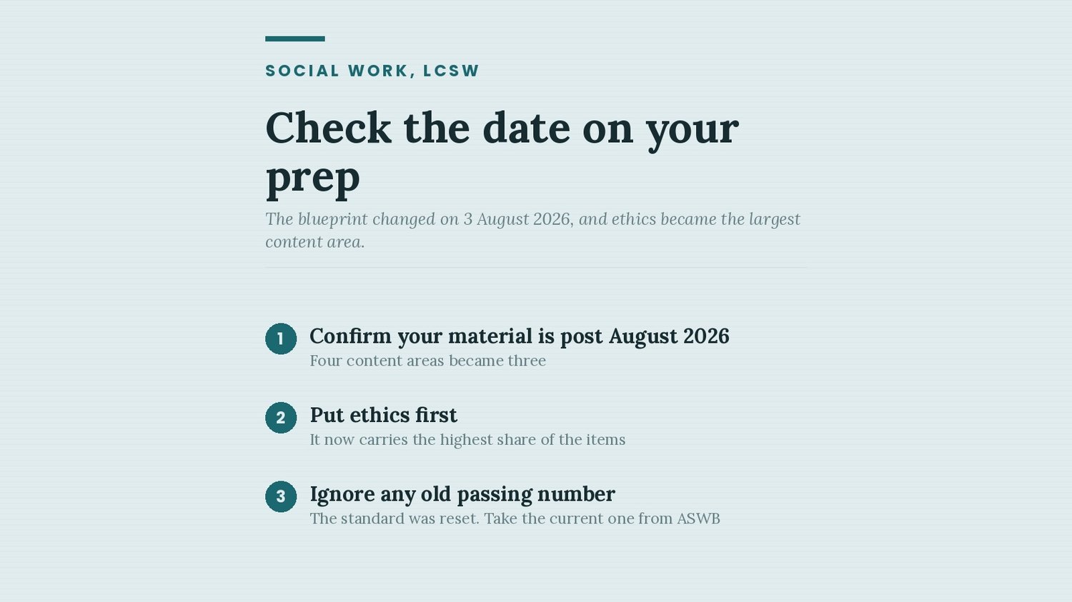 Three steps after the 2026 ASWB blueprint change: confirm your material is post August 2026, put ethics first, ignore any old passing number