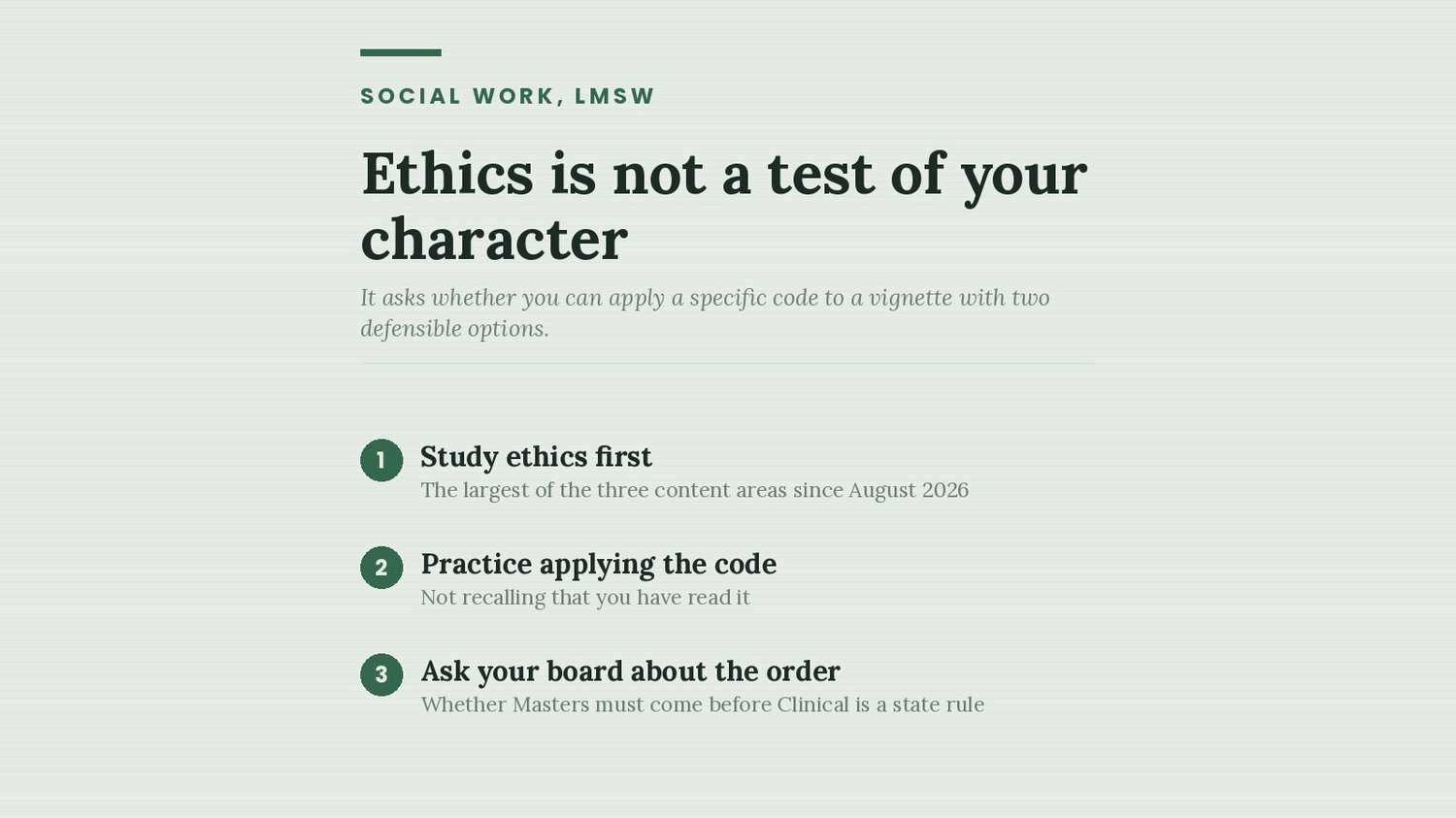 Three steps for ASWB Masters ethics: study ethics first, practice applying the code, ask your board about the order of the two exams