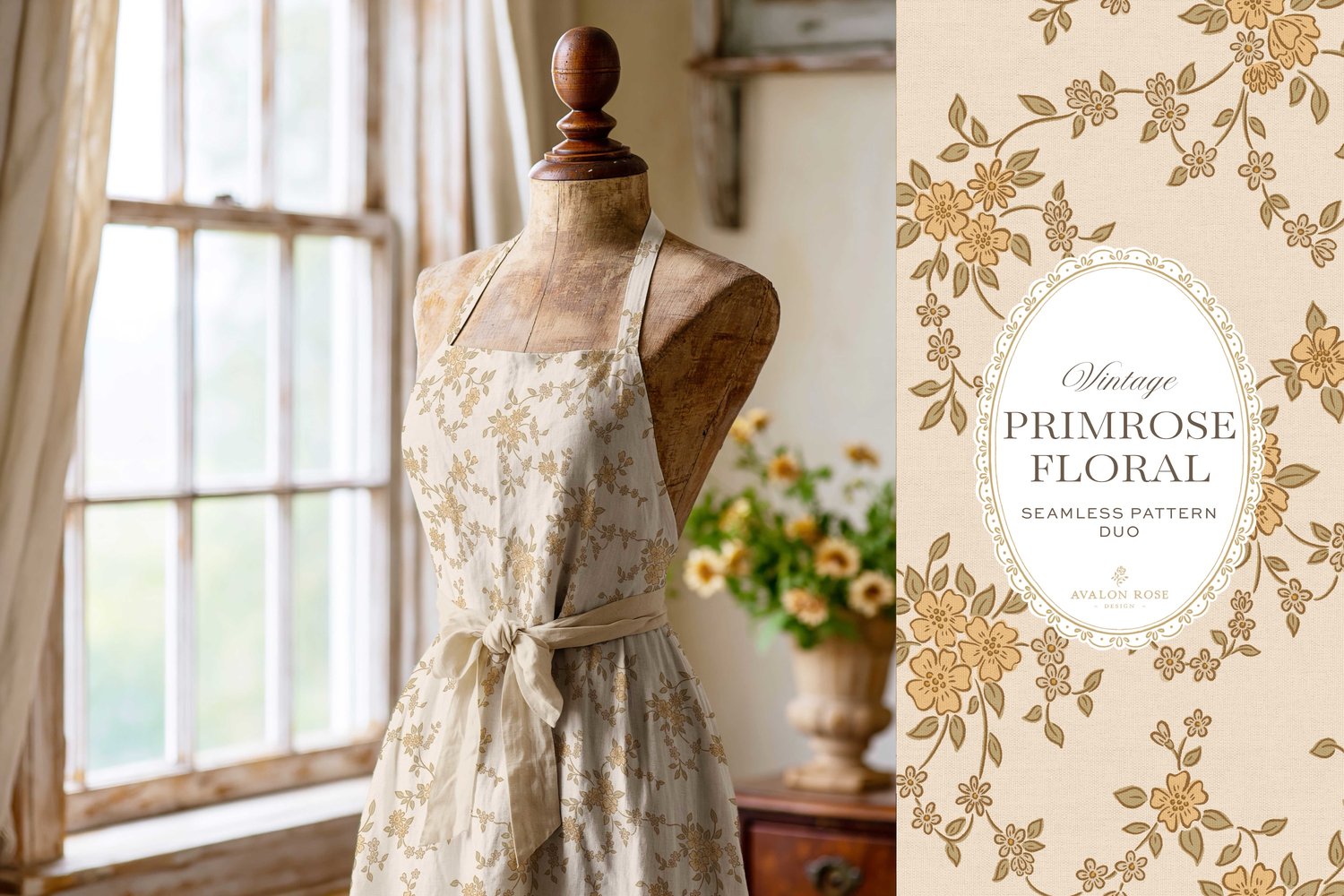 A seamless surface pattern duo featuring a hand-drawn ditsy floral with delicate blossoms and trailing vines in pale yellow and cream on an apron