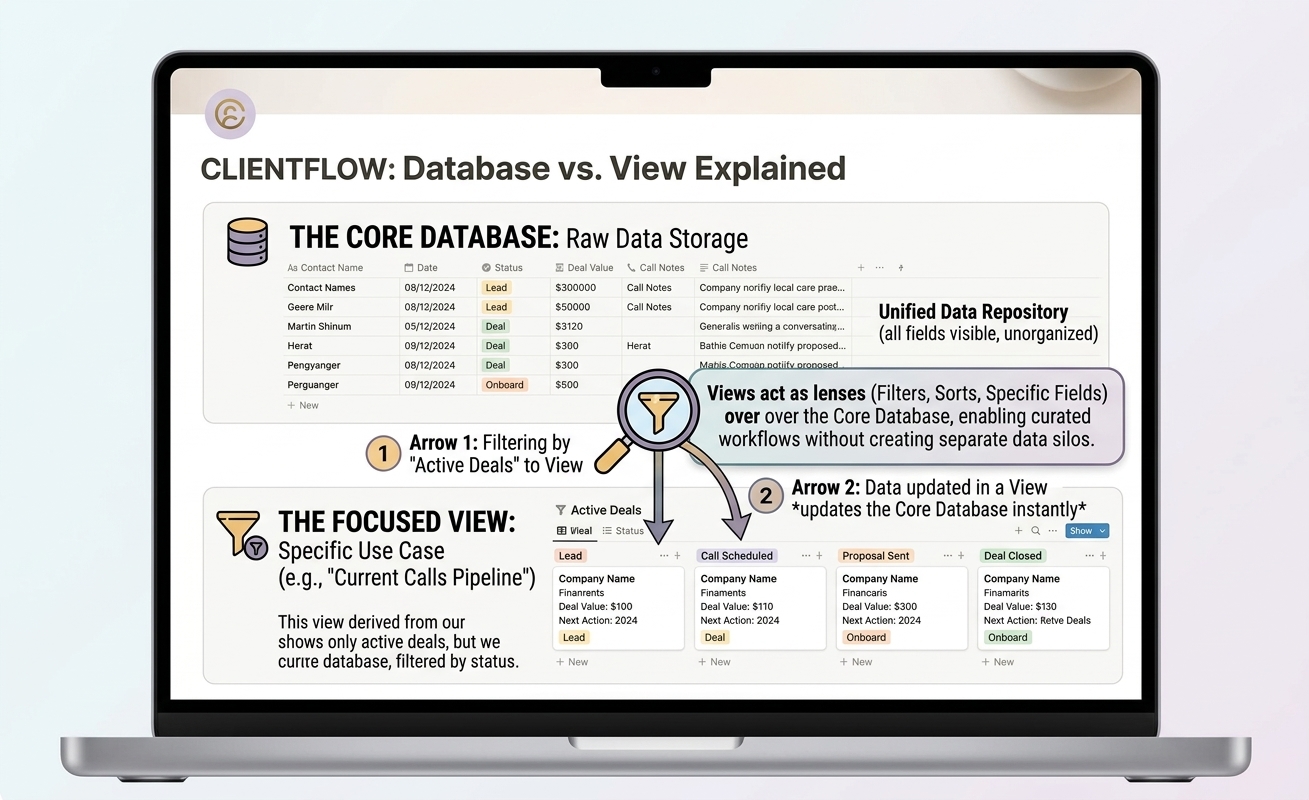 Diagram on laptop screen explaining how the core ClientFlow database filters raw lead data into focused sales pipeline views.