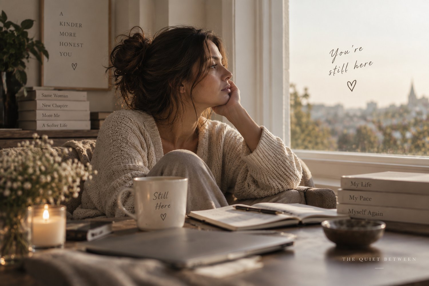 Woman sitting quietly by a window, reflecting on feeling disconnected from herself and the life she has become used to.