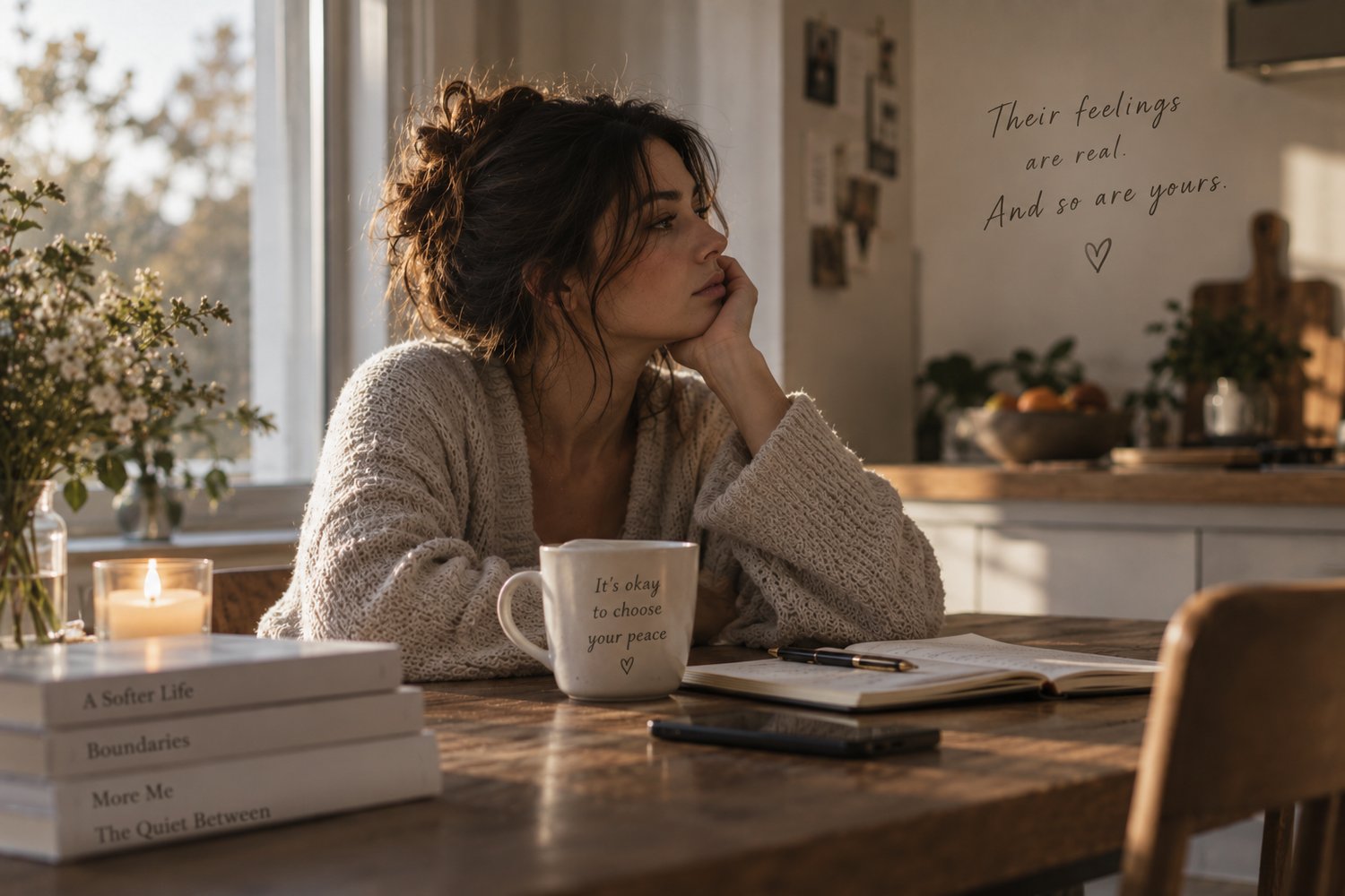 Woman sitting quietly at a kitchen table, reflecting on the emotional weight of feeling responsible for other people’s feelings.