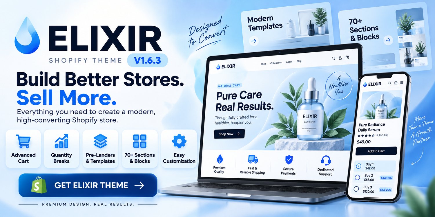 Elixir Shopify Theme V1 modern ecommerce store design with conversion-focused features