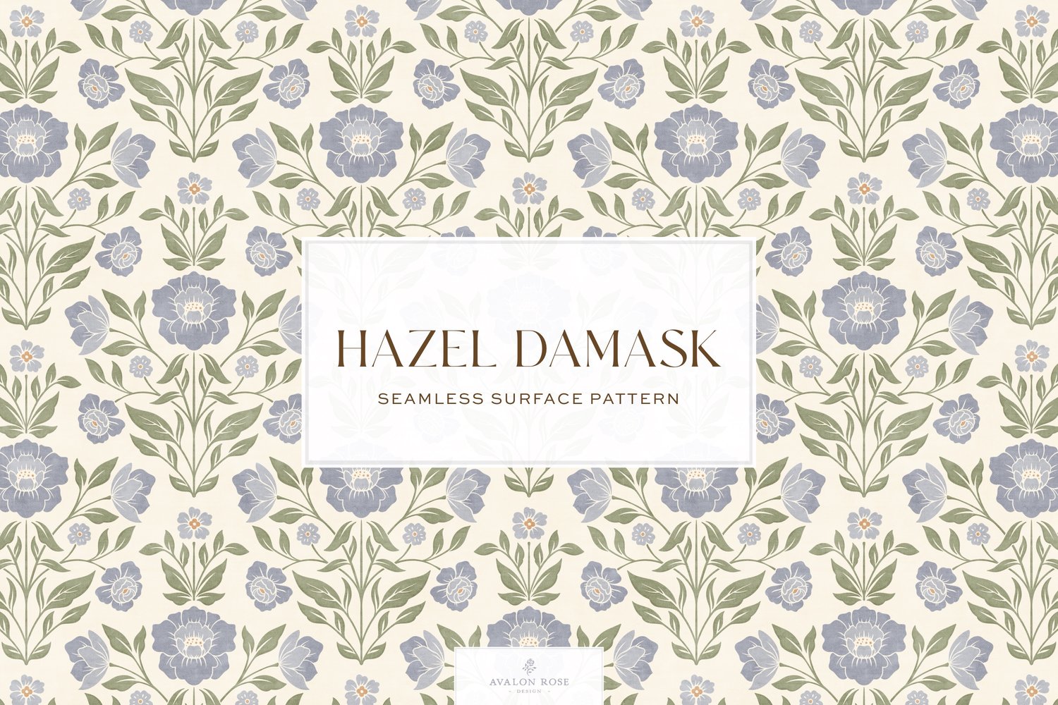 Vintage retro floral damask seamless surface pattern in periwinkle blue and green