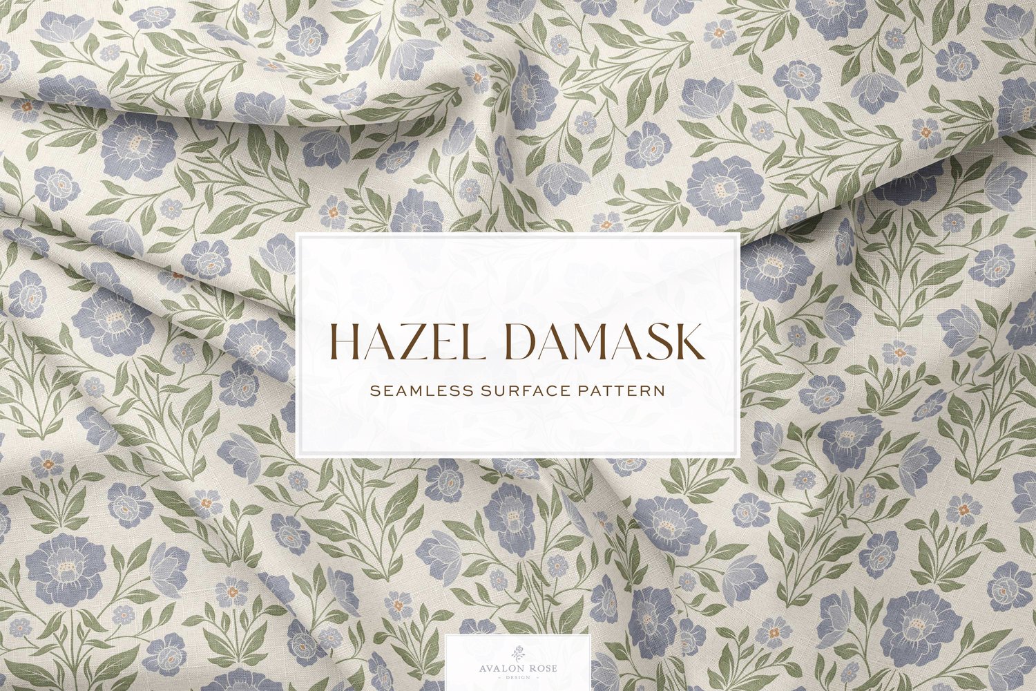 Vintage retro floral damask seamless surface pattern in periwinkle blue and green on fabric