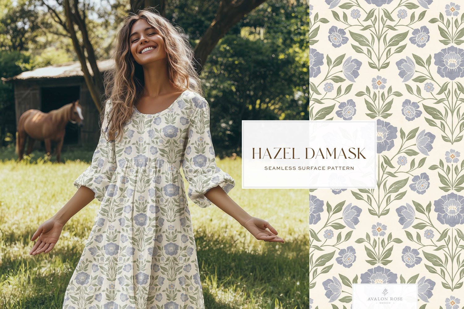 Vintage retro floral damask seamless surface pattern in periwinkle blue and green on a dress