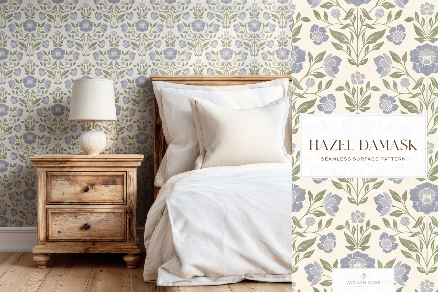 Vintage retro floral damask seamless surface pattern in periwinkle blue and green on bedroom wallpaper