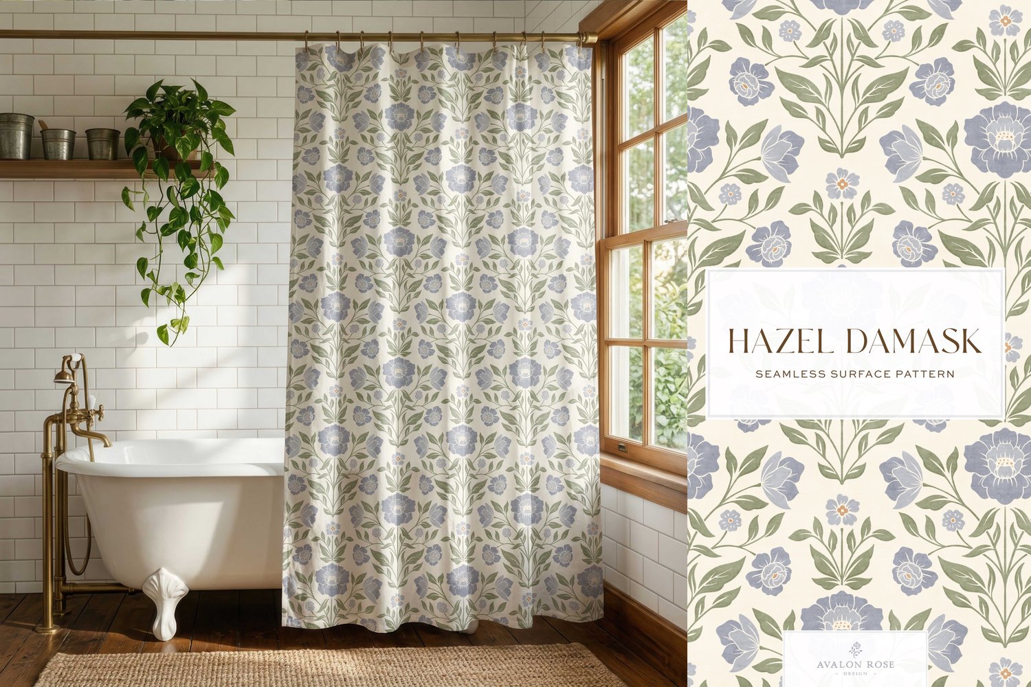 Vintage retro floral damask seamless surface pattern in periwinkle blue and green on a shower curtain