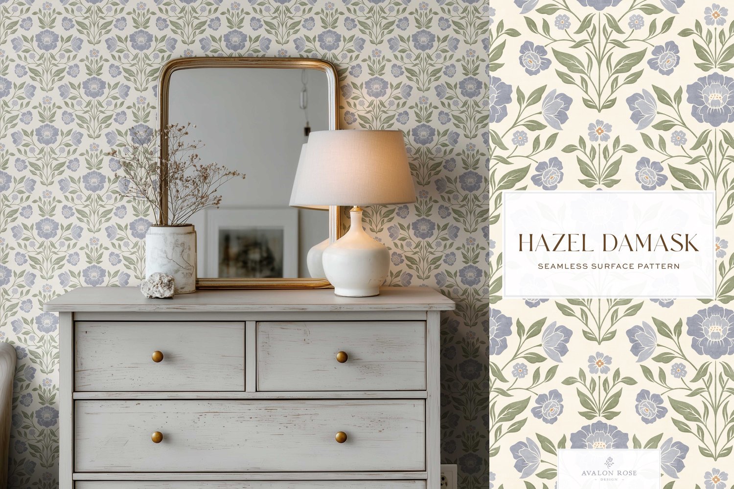 Vintage retro floral damask seamless surface pattern in periwinkle blue and green on wallpaper in a room with a dresser and mirror