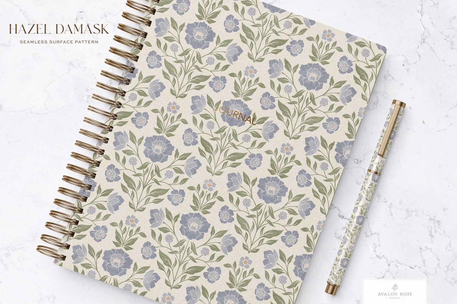 Vintage retro floral damask seamless surface pattern in periwinkle blue and green on a spiral notebook