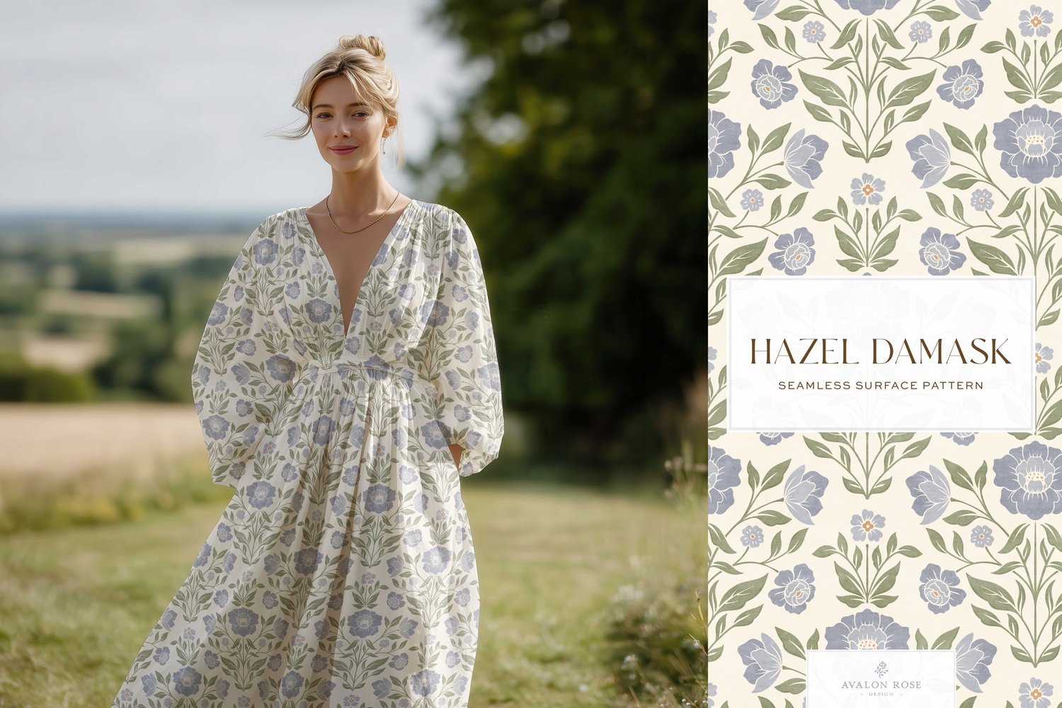Vintage retro floral damask seamless surface pattern in periwinkle blue and green on a dress worn by a blonde woman in a field
