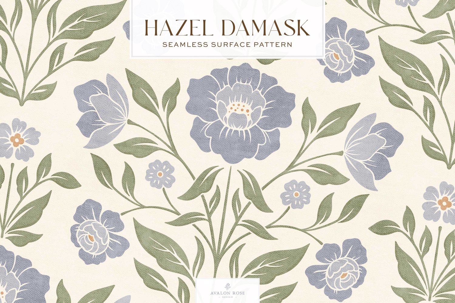 Vintage retro floral damask seamless surface pattern in periwinkle blue and green