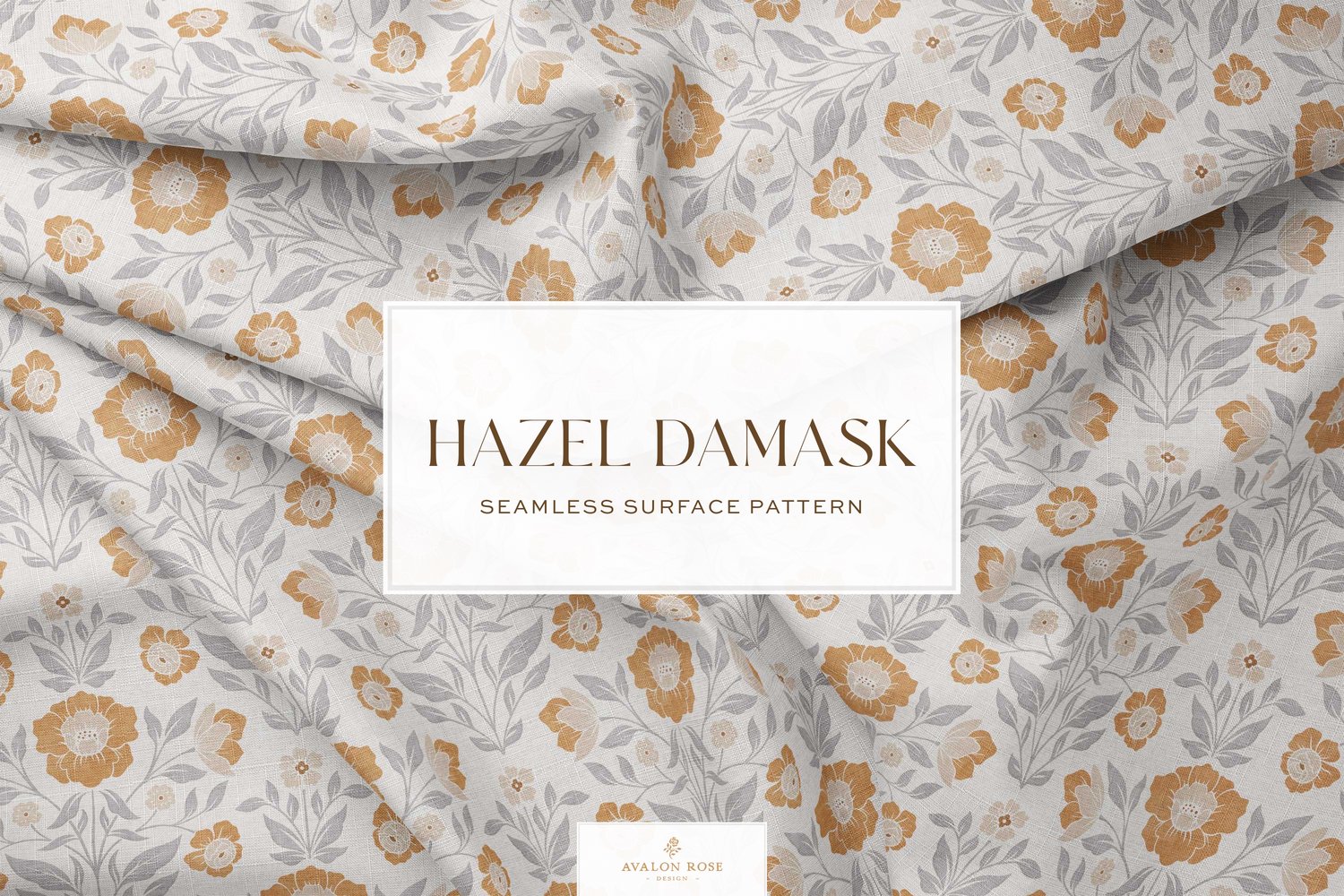 Vintage retro floral damask seamless surface pattern in a gray and faded orange on creased fabric