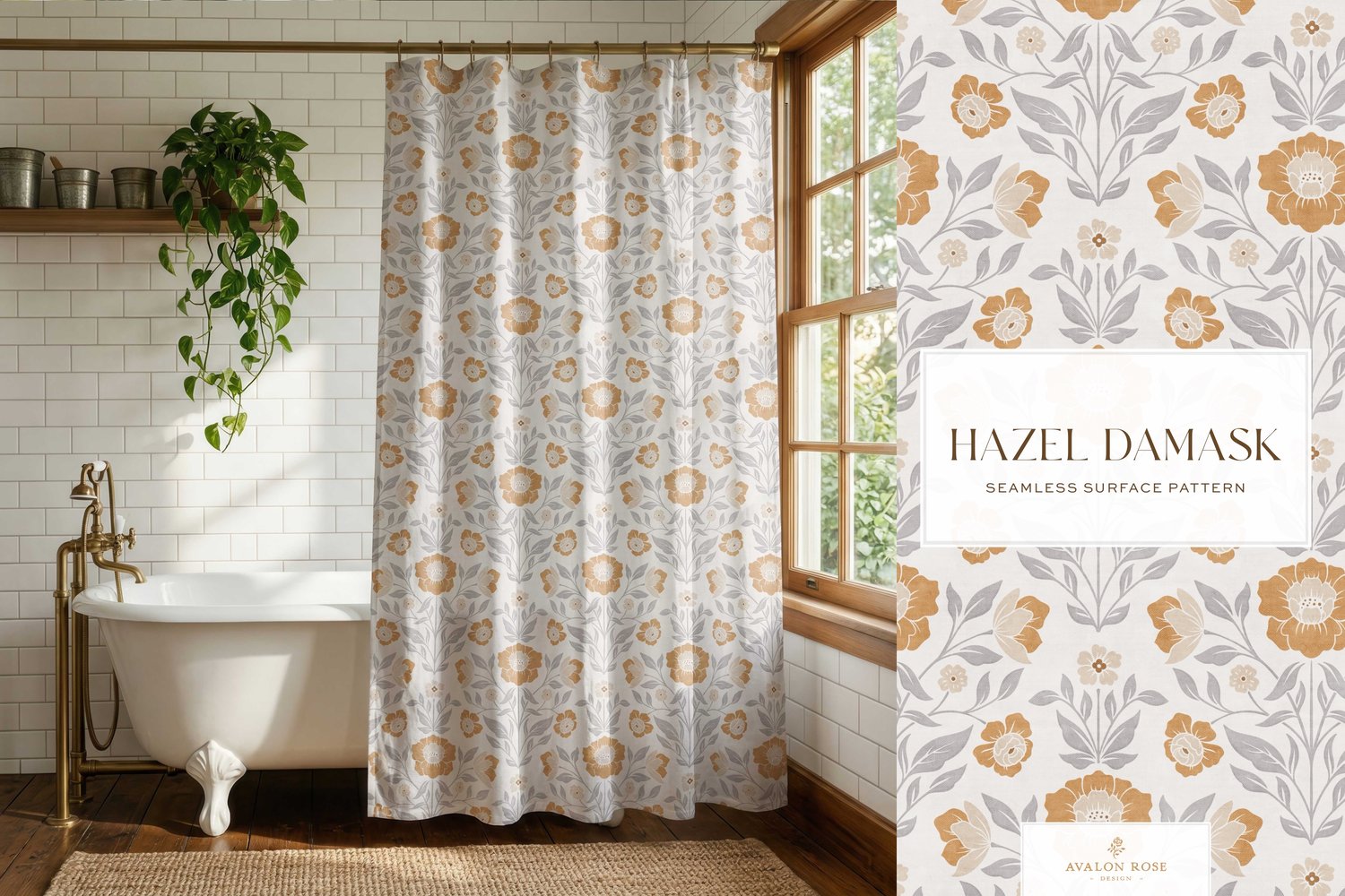 Vintage retro floral damask seamless surface pattern in a gray and faded orange on a shower curtain