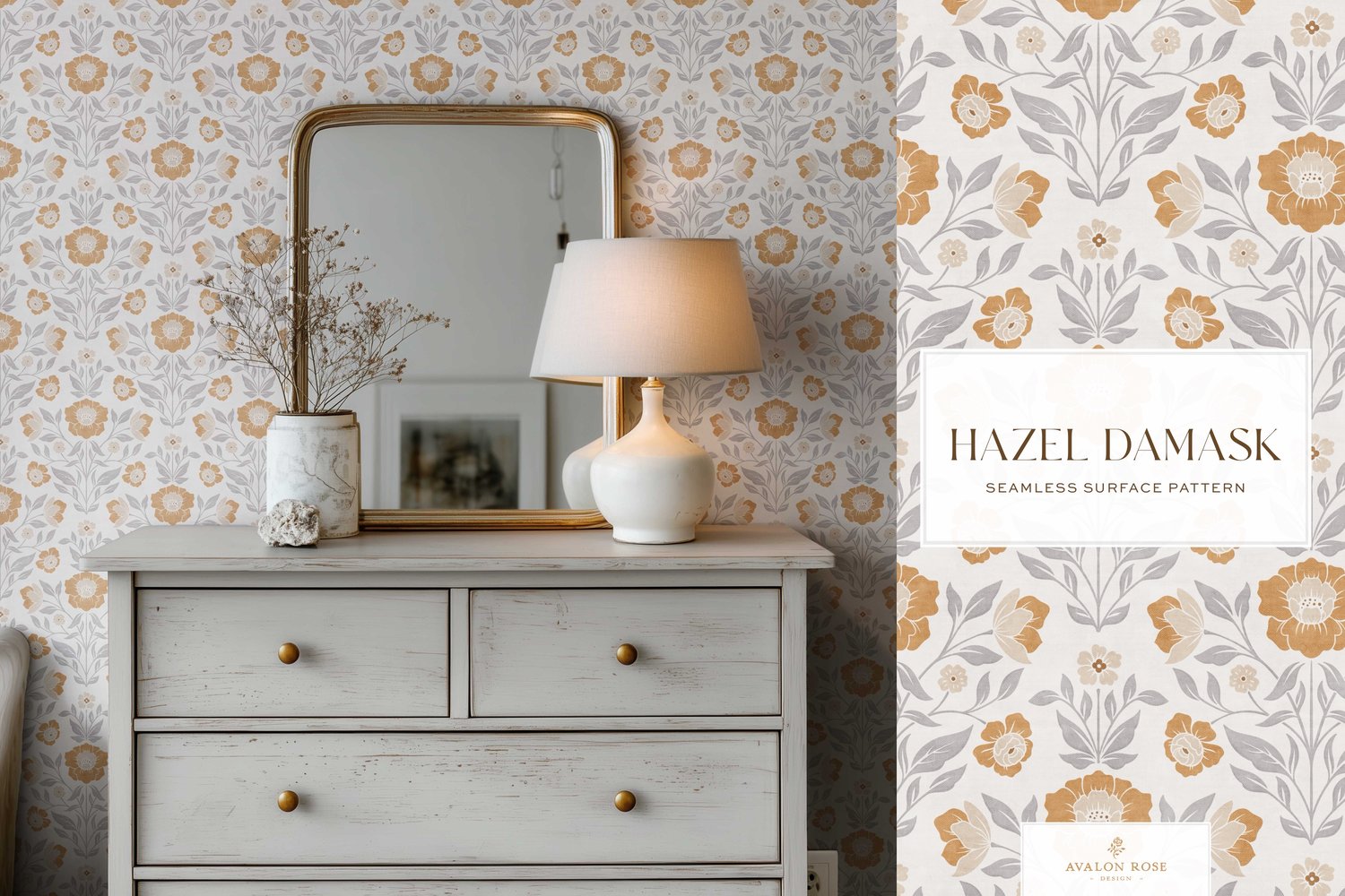 Vintage retro floral damask seamless surface pattern in a gray and faded orange on wallpaper in a room with a dresser and mirror