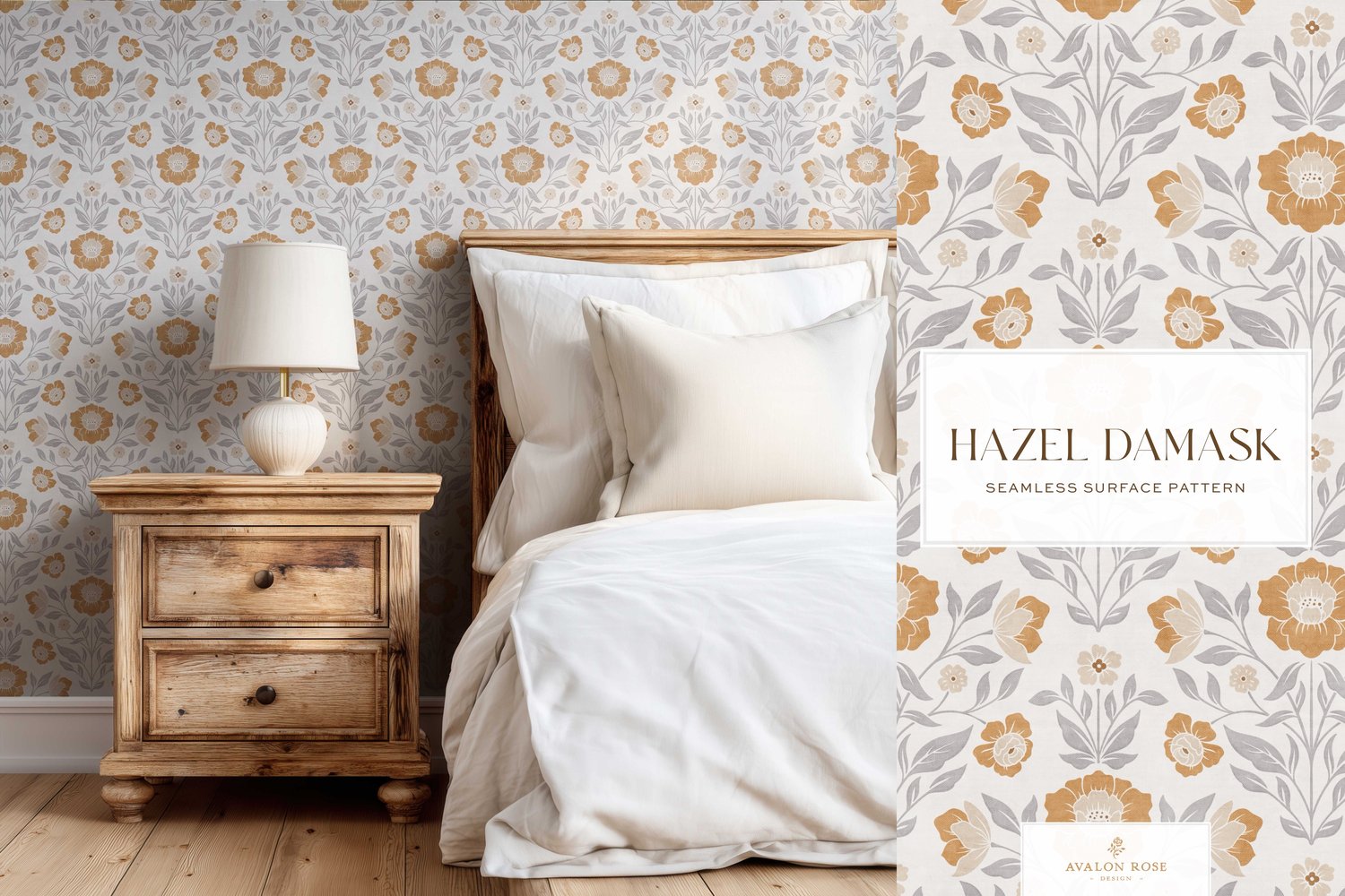 Vintage retro floral damask seamless surface pattern in a gray and faded orange on wallpaper in a bedroom