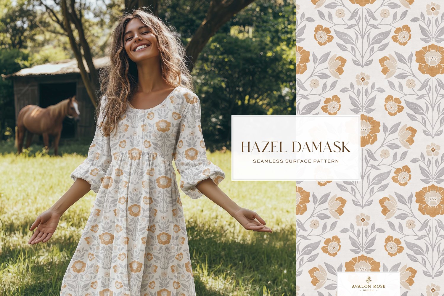 Vintage retro floral damask seamless surface pattern in a gray and faded orange on a dress