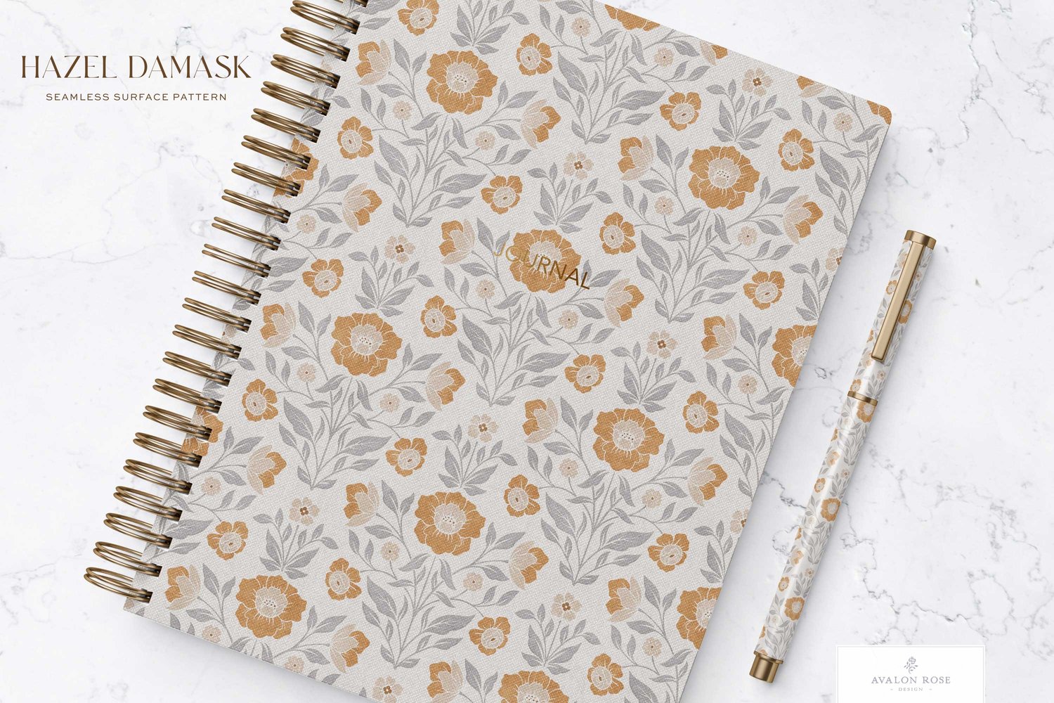 Vintage retro floral damask seamless surface pattern in a gray and faded orange on a spiral notebook