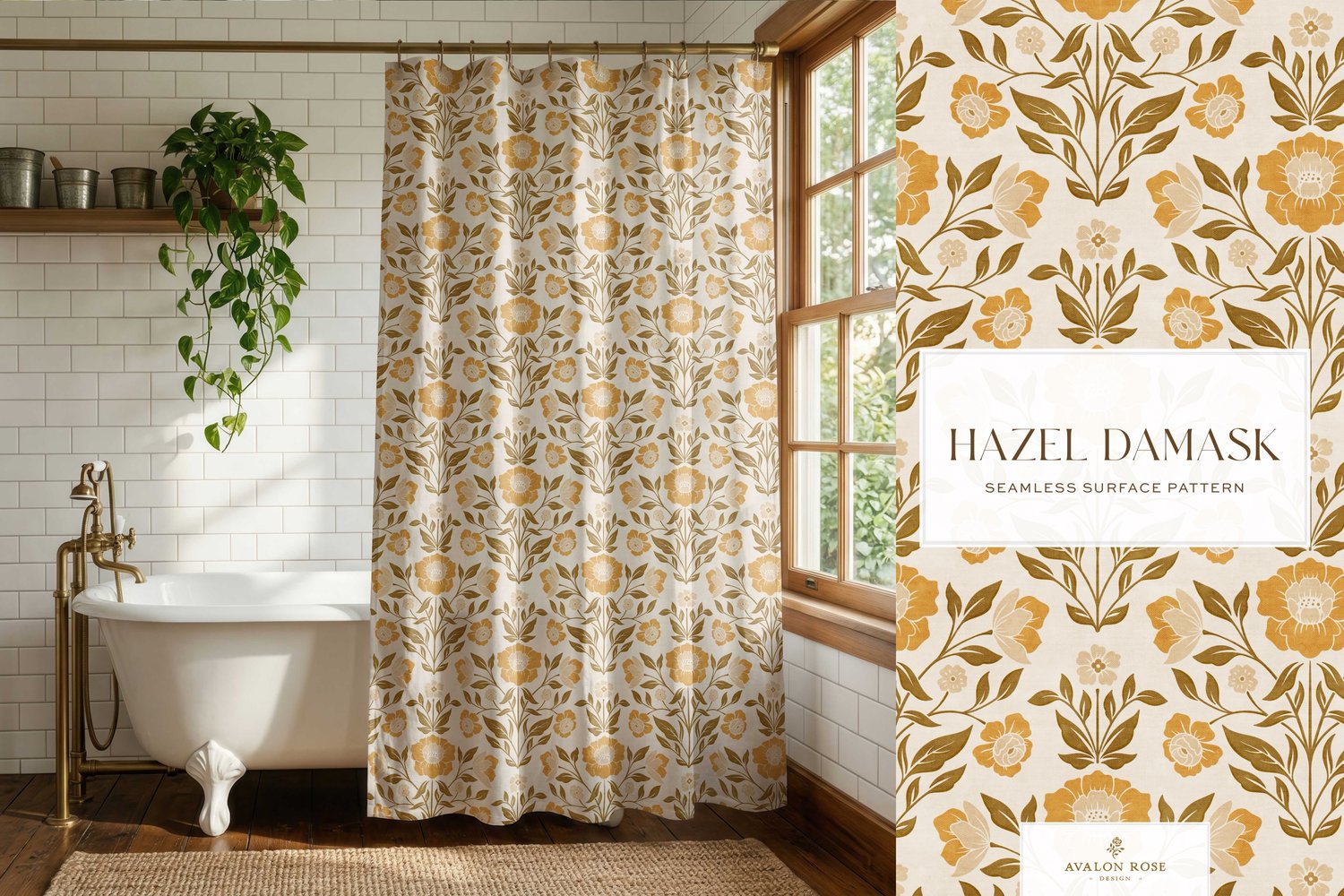 Vintage retro floral damask seamless surface pattern in retro orange and brown on a shower curtain