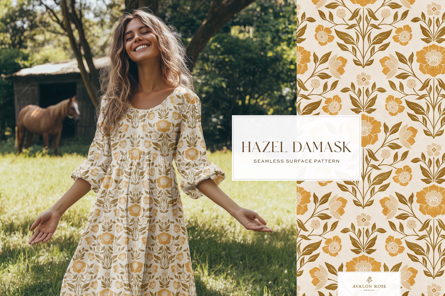 Vintage retro floral damask seamless surface pattern in retro orange and brown on a woman's dress