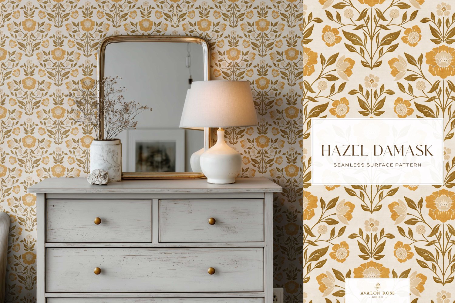 Vintage retro floral damask seamless surface pattern in retro orange and brown on wallpaper in a room with a dresser and mirror