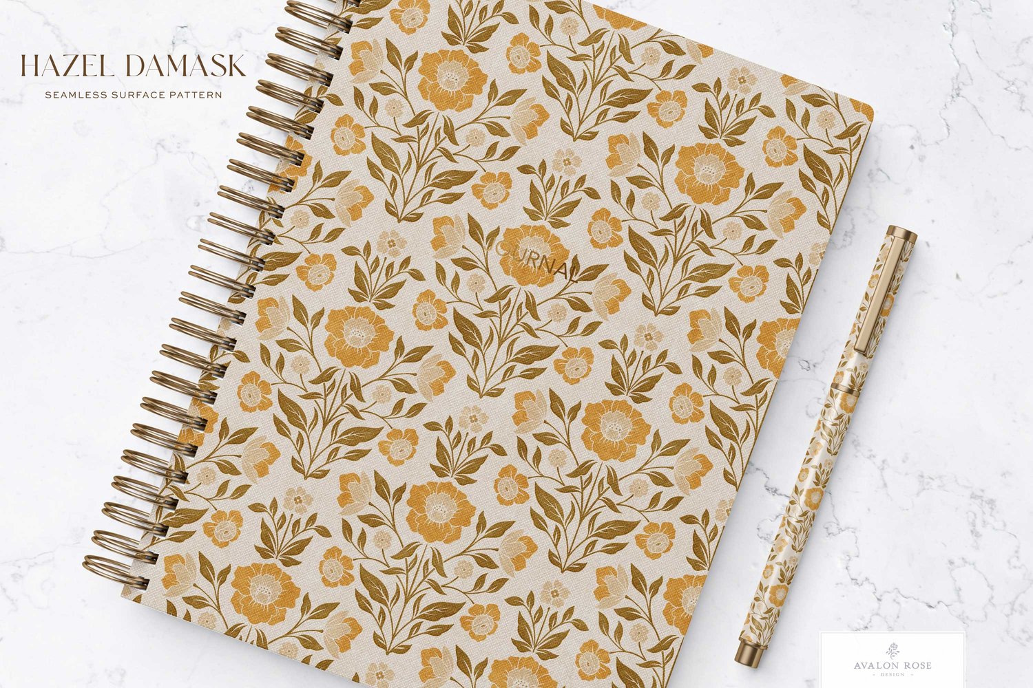 Vintage retro floral damask seamless surface pattern in retro orange and brown on a spiral notebook