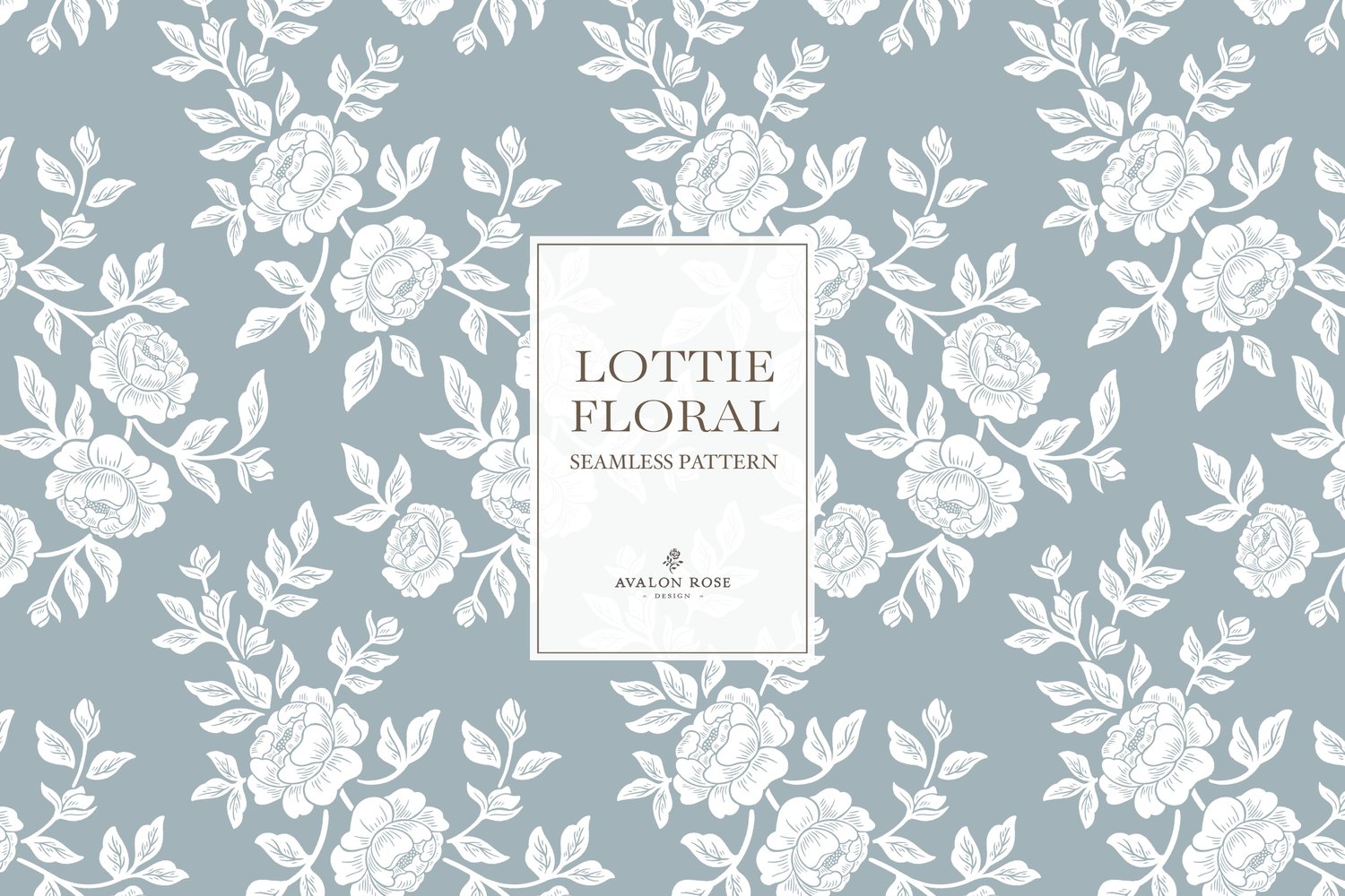 Vintage-inspired farmhouse style seamless surface pattern featuring hand-drawn rose climbing florals and leaves in pale blue and white