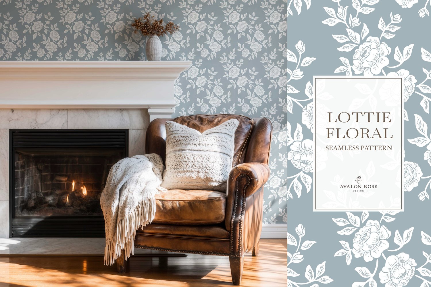 Vintage-inspired farmhouse style seamless surface pattern featuring hand-drawn rose climbing florals and leaves in pale blue and white on wallpaper in a room with a fireplace and leather chair