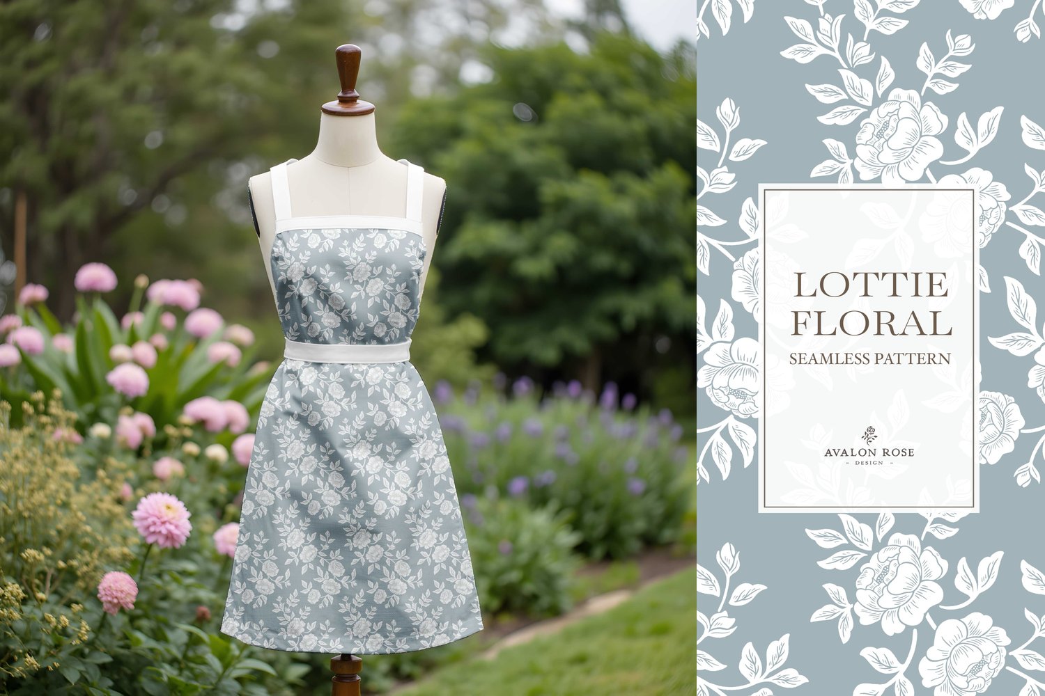 Vintage-inspired farmhouse style seamless surface pattern featuring hand-drawn rose climbing florals and leaves in pale blue and white on an apron in a garden