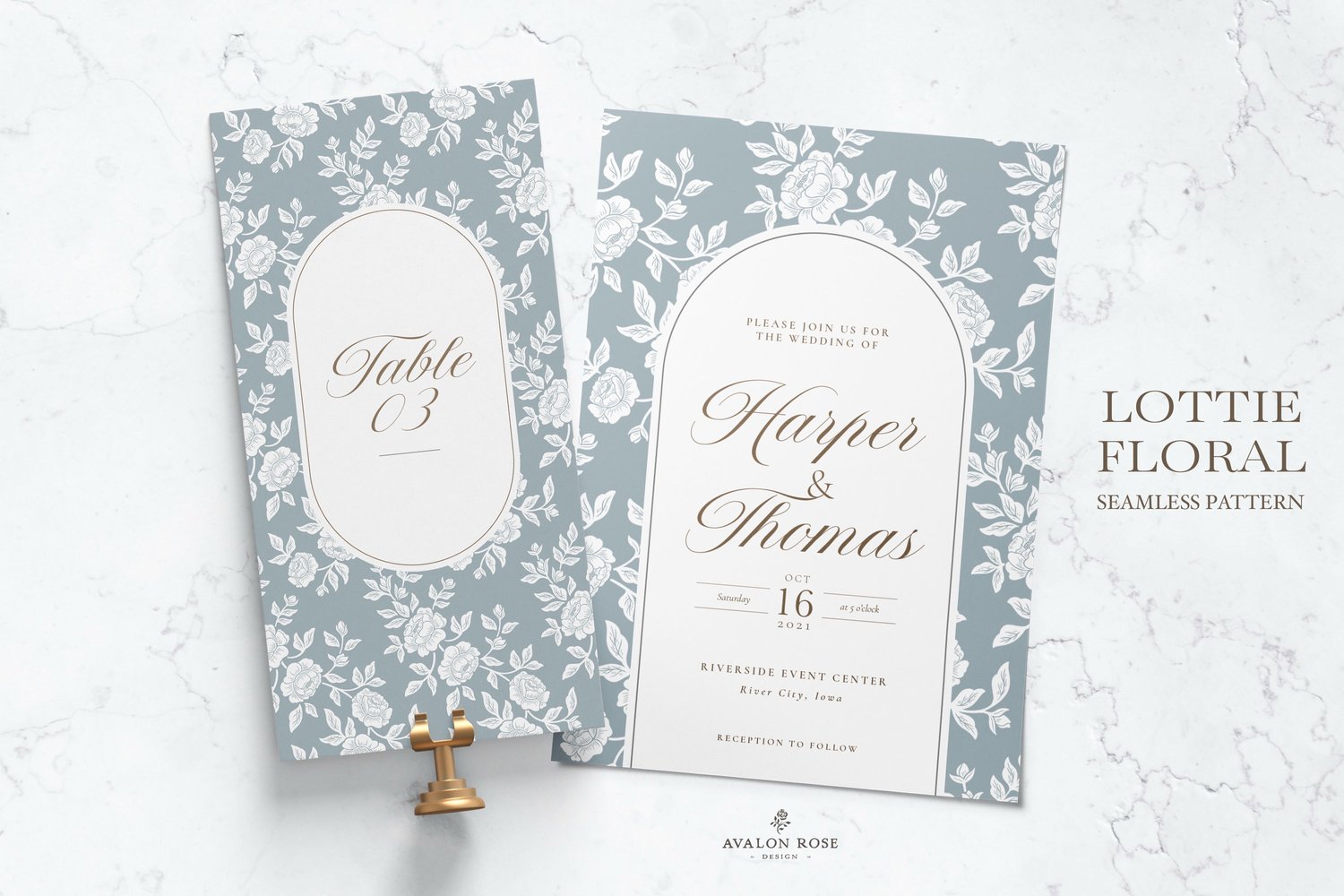 Vintage-inspired farmhouse style seamless surface pattern featuring hand-drawn rose climbing florals and leaves in pale blue and white on wedding invitations