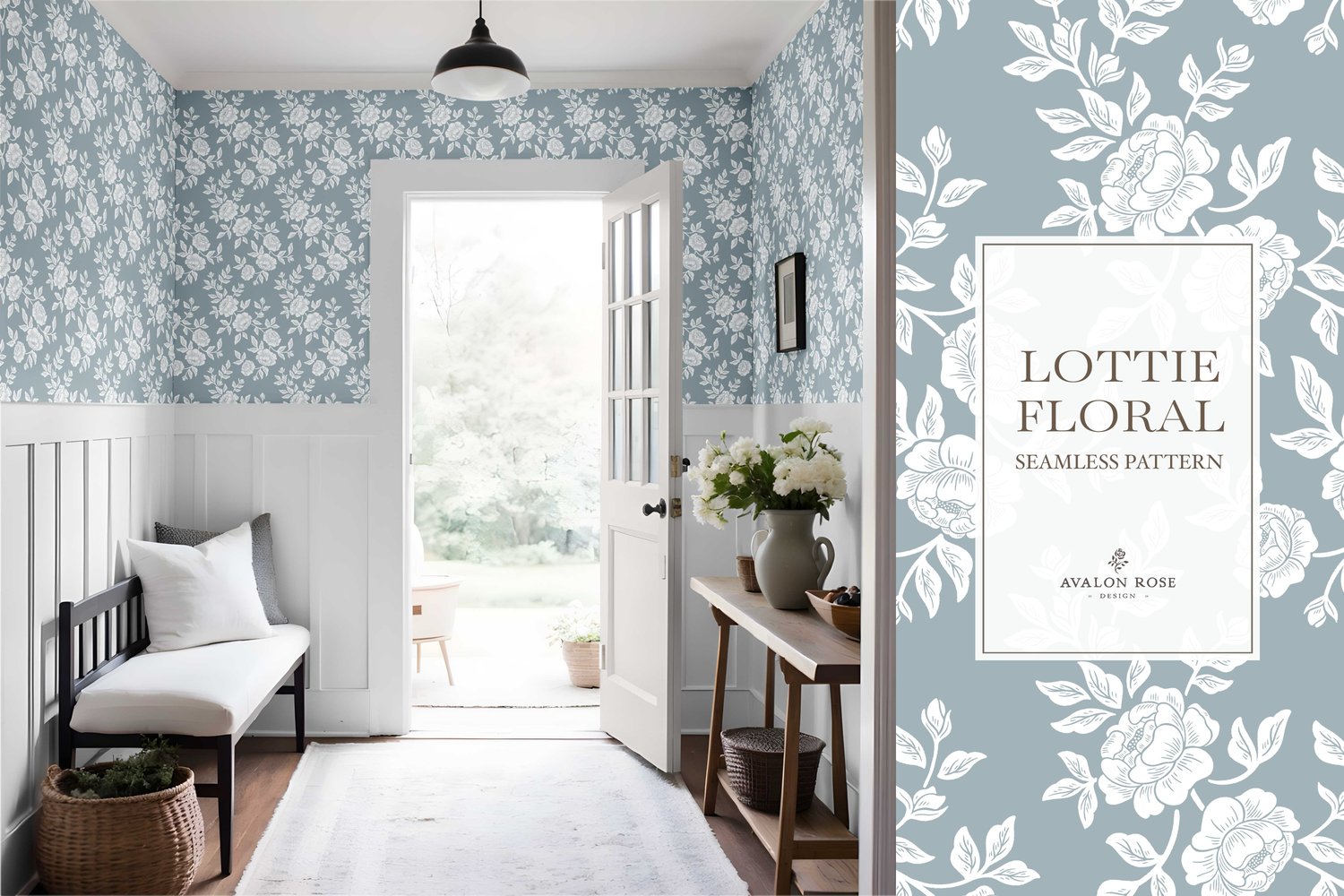 Vintage-inspired farmhouse style seamless surface pattern featuring hand-drawn rose climbing florals and leaves in pale blue and white on wallpaper in an entryway with a bench