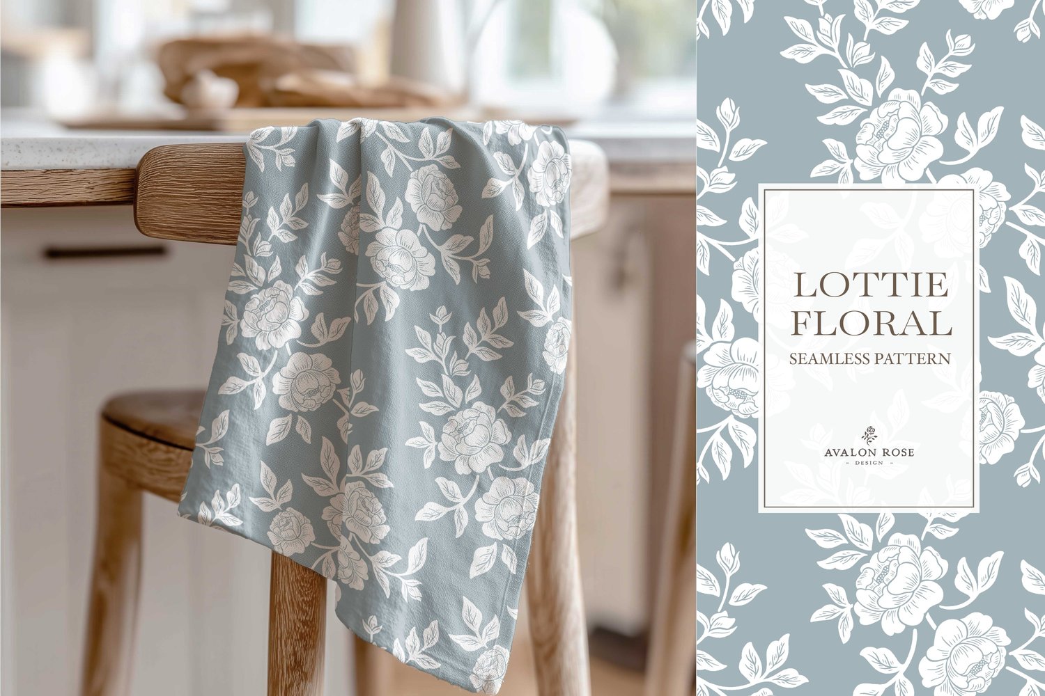 Vintage-inspired farmhouse style seamless surface pattern featuring hand-drawn rose climbing florals and leaves in pale blue and white on a tea towel