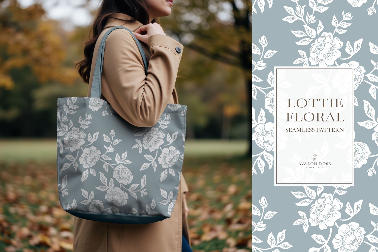 Vintage-inspired farmhouse style seamless surface pattern featuring hand-drawn rose climbing florals and leaves in pale blue and white on a tote bag