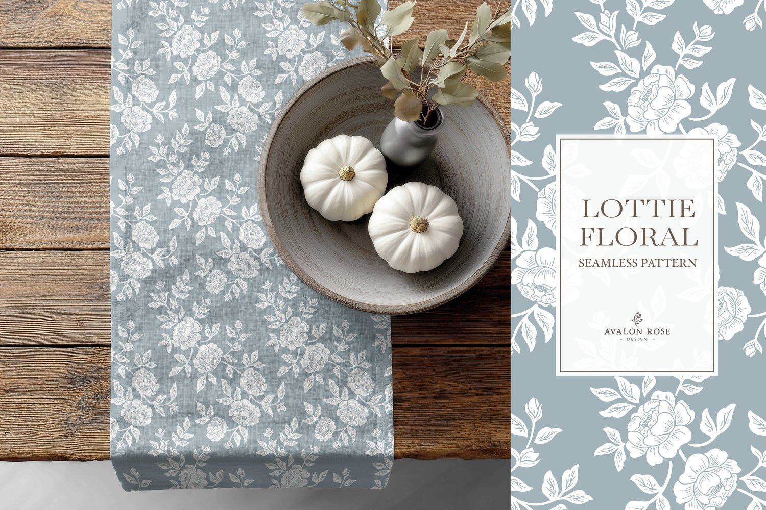 Vintage-inspired farmhouse style seamless surface pattern featuring hand-drawn rose climbing florals and leaves in pale blue and white on a table runner