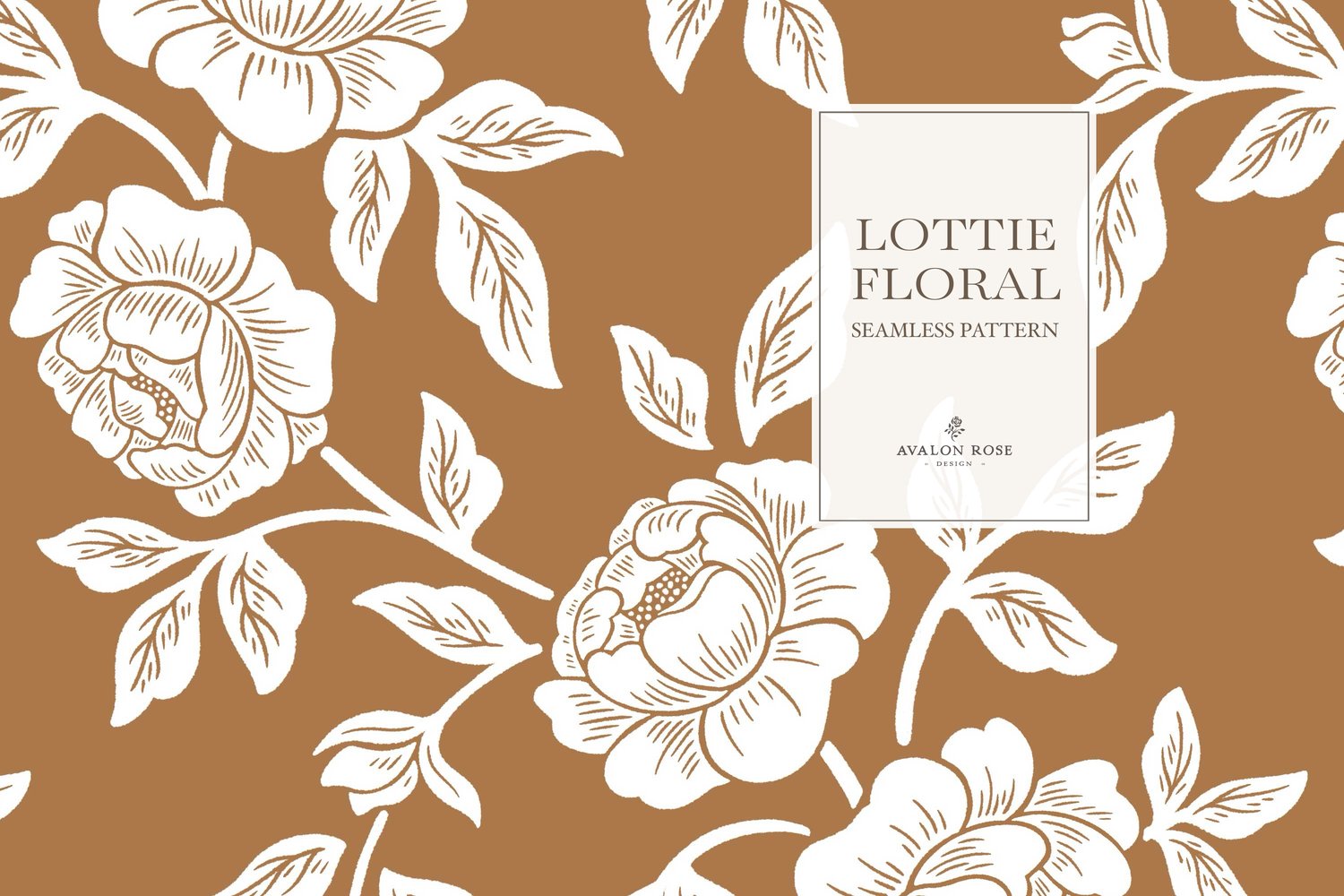 Vintage-inspired farmhouse style seamless surface pattern featuring hand-drawn rose climbing florals and leaves in orange and white