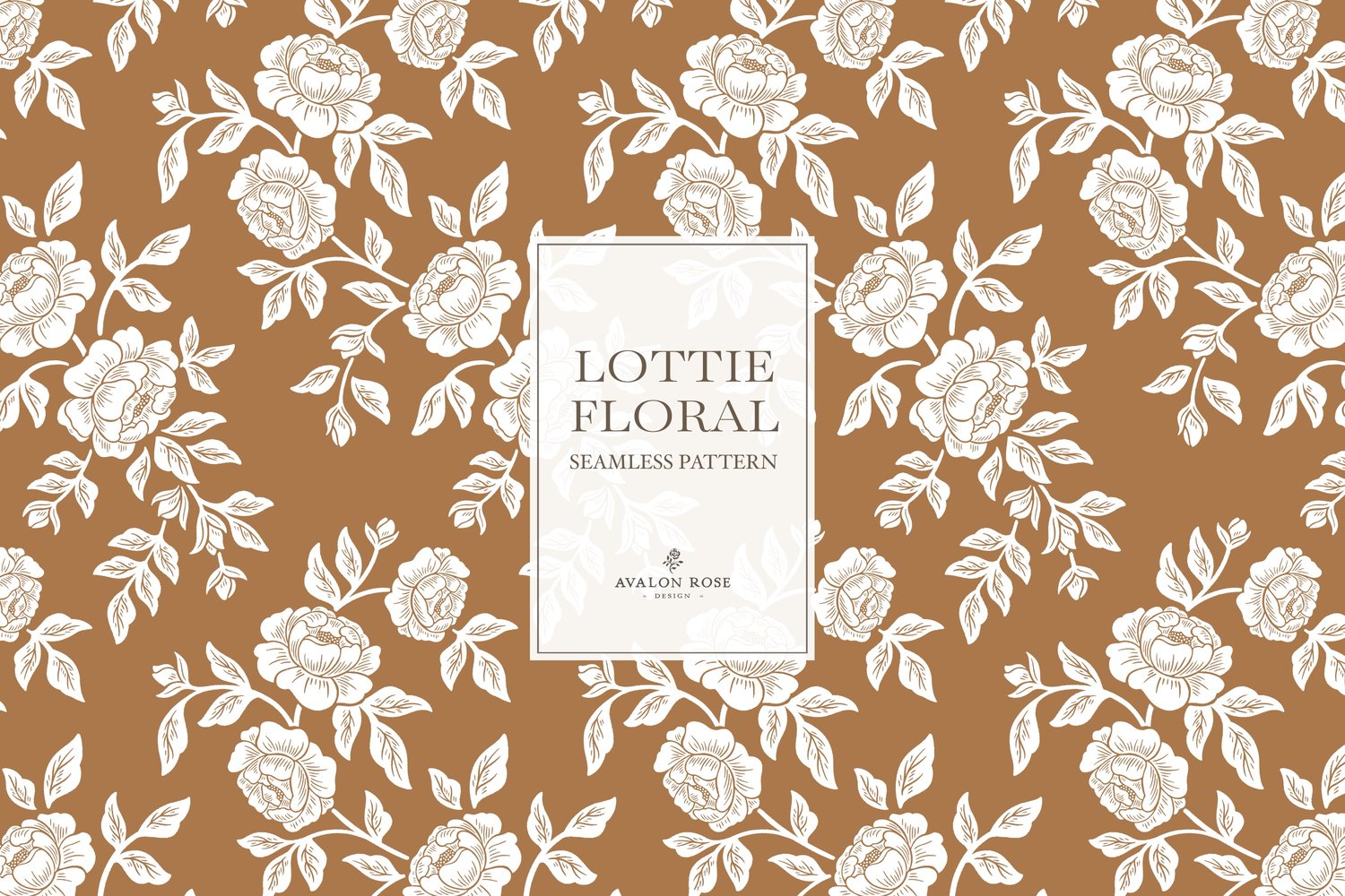 Vintage-inspired farmhouse style seamless surface pattern featuring hand-drawn rose climbing florals and leaves in orange and white
