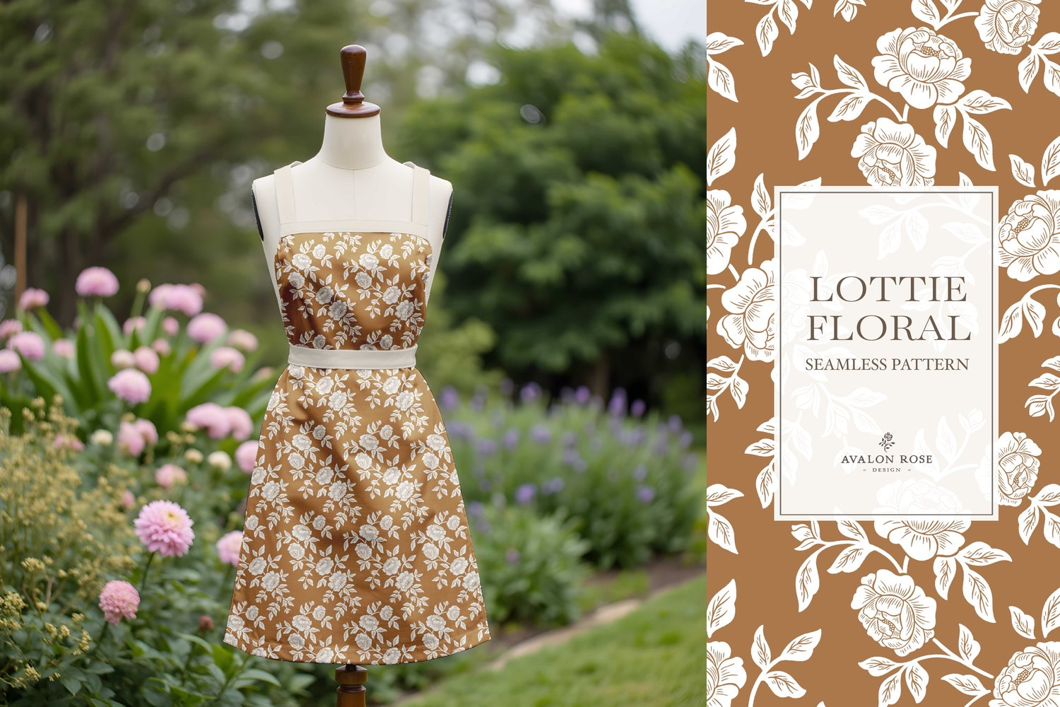 Vintage-inspired farmhouse style seamless surface pattern featuring hand-drawn rose climbing florals and leaves in orange and white on an apron