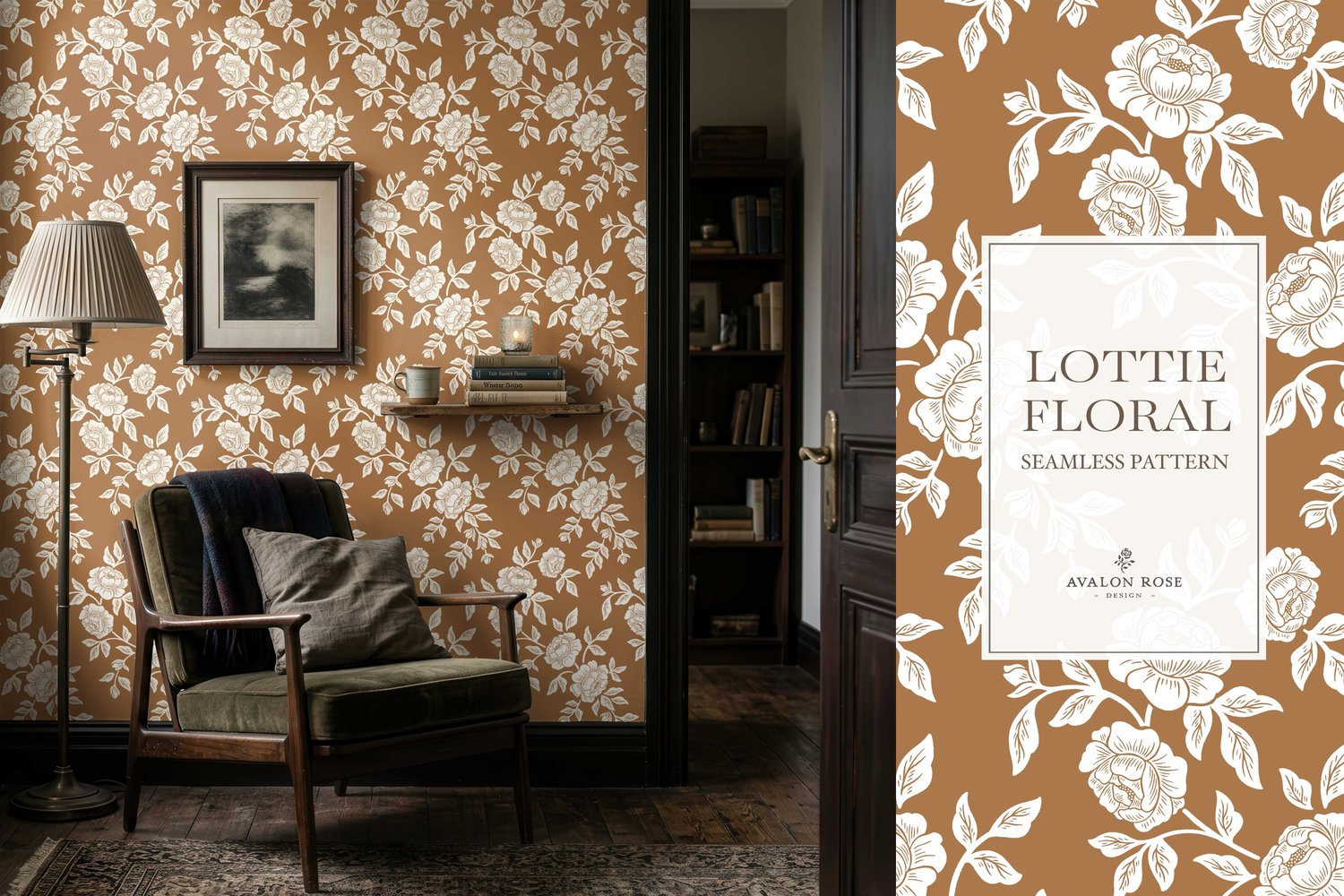 Vintage-inspired farmhouse style seamless surface pattern featuring hand-drawn rose climbing florals and leaves in orange and white on walllpaper